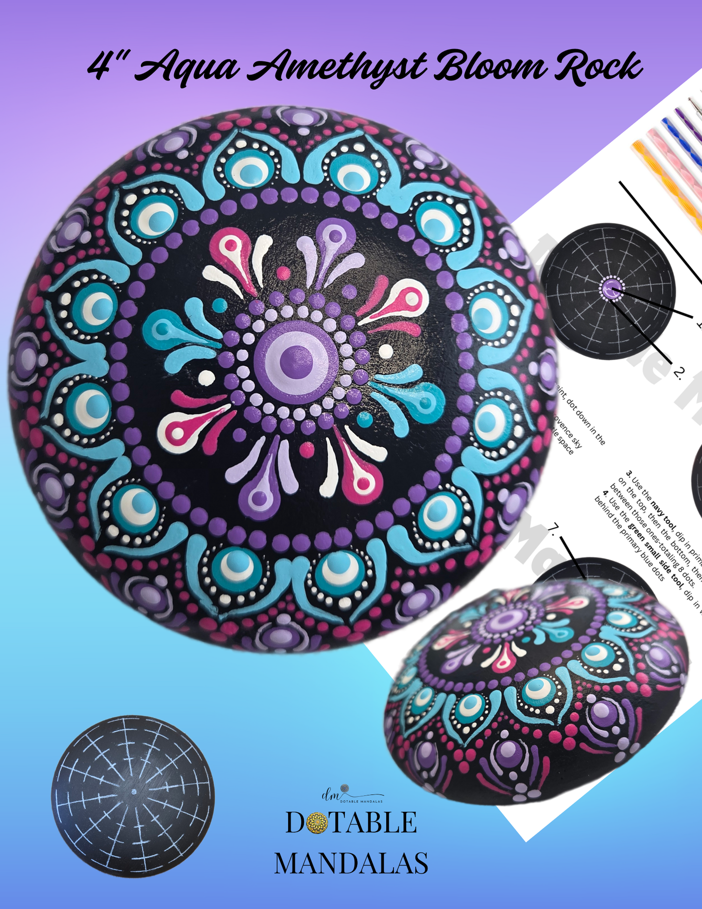 4" Aqua Amethyst Bloom Rock Dot-Painting Kit