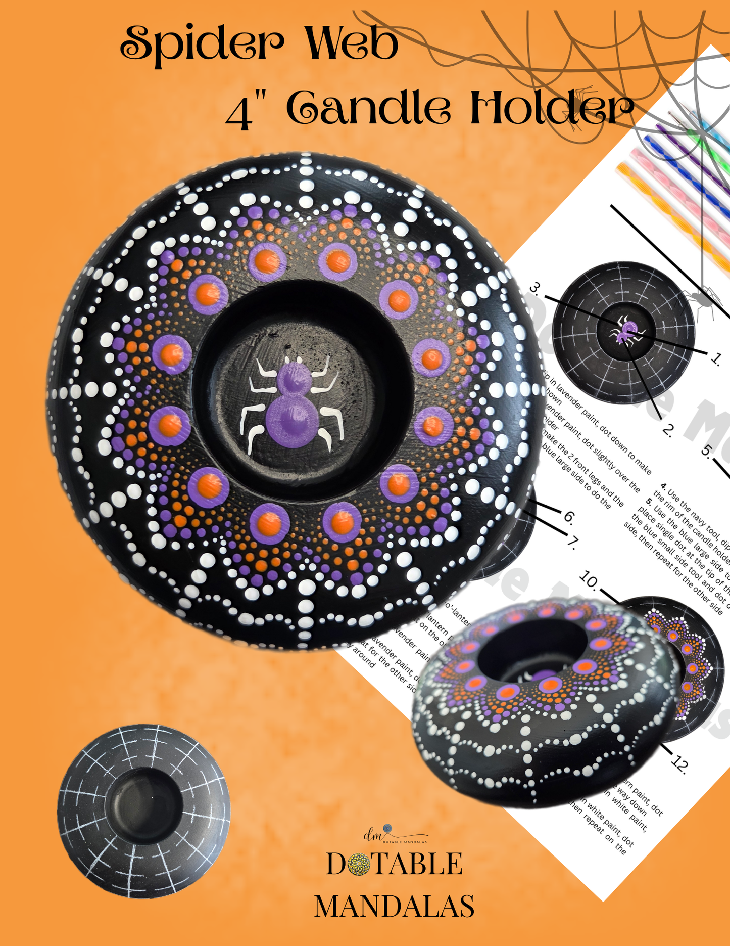 Spider Web 4" Candle Holder Dot-Painting Pattern Kit
