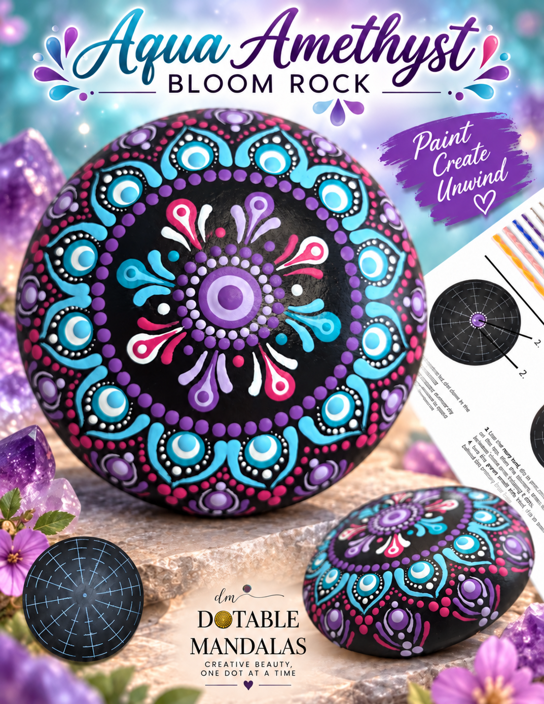 Aqua Amethyst Bloom 4" Rock Dot-Painting Pattern Kit