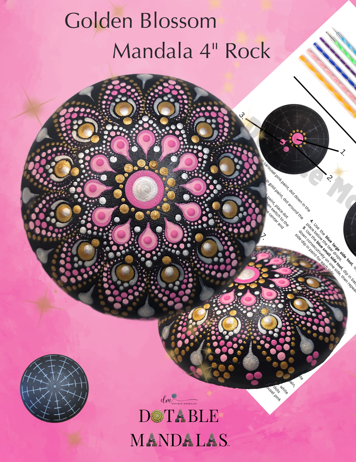 Pink and Gold Blossom Mandala Rock Dot-Painting Pattern Kit