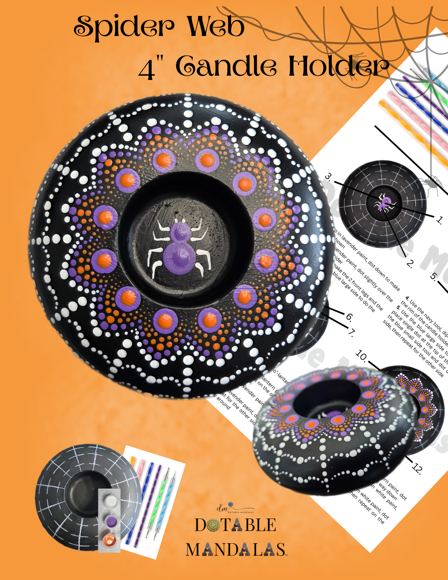 Spider Web 4" Candle Holder Dot-Painting Pattern Kit