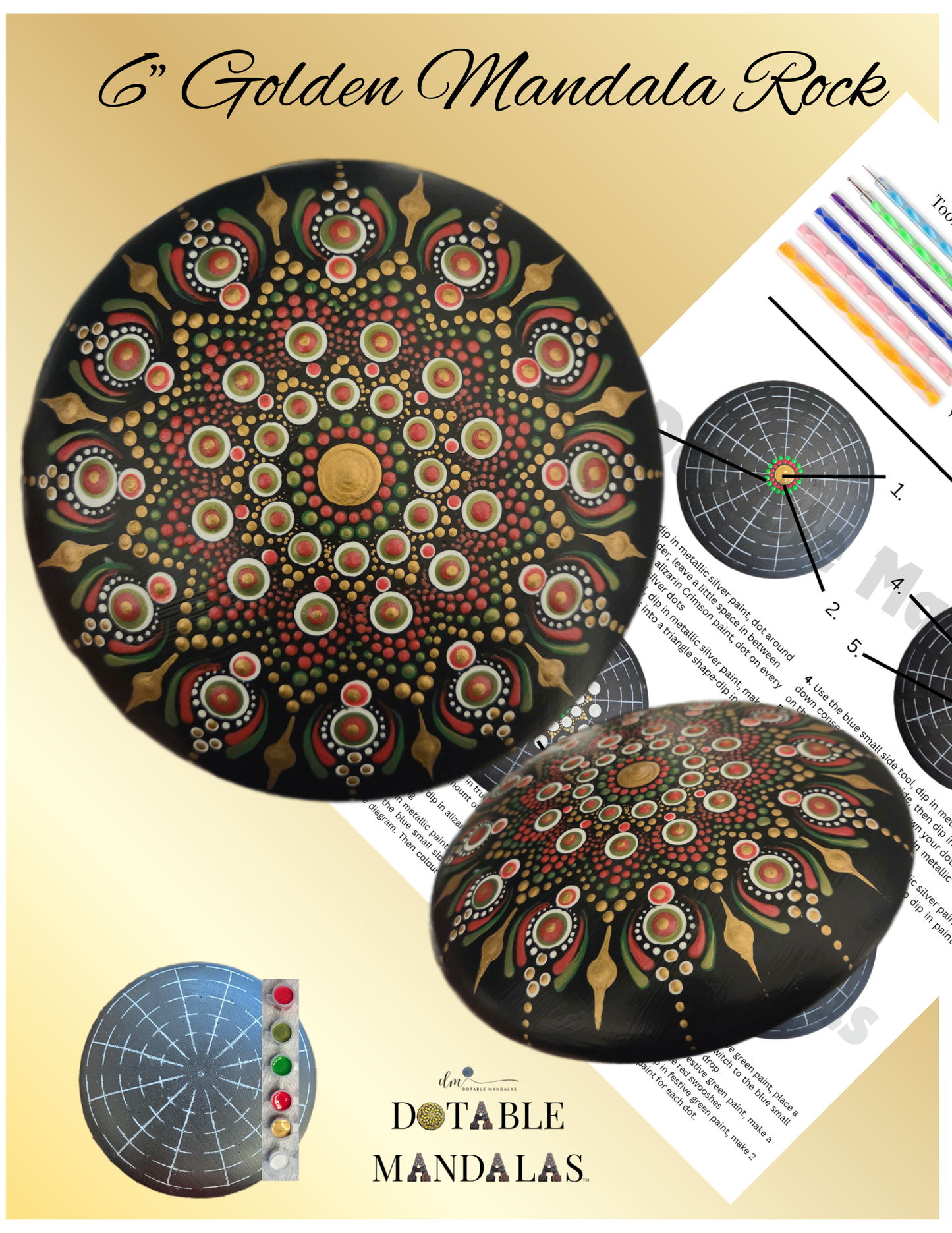 6" Golden Mandala Rock Dot-Painting Kit