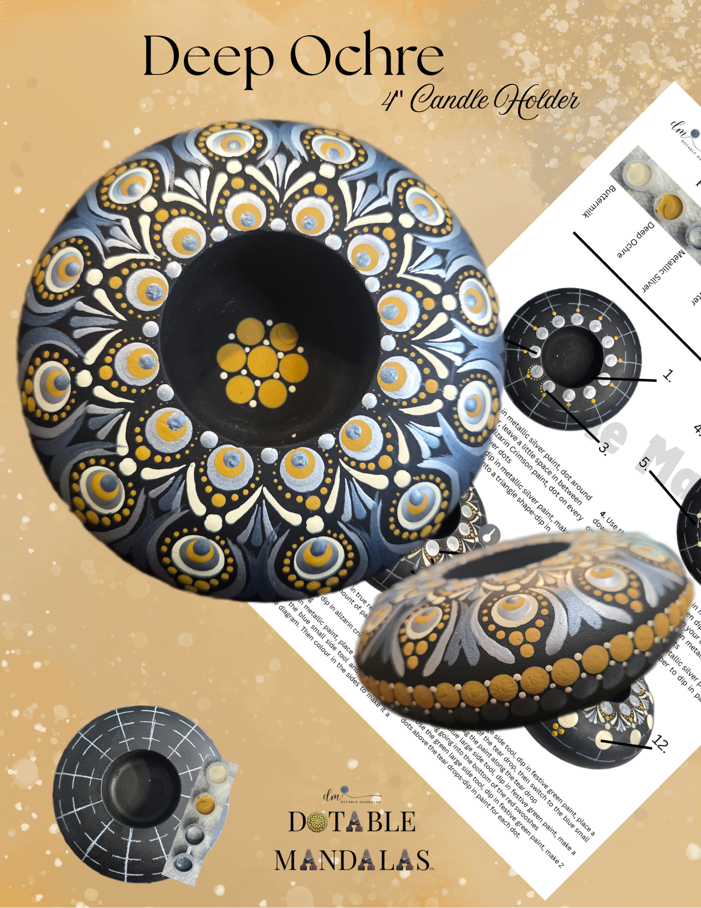 Deep Ochre 4" Candle Holder Dot-Painting Pattern Kit