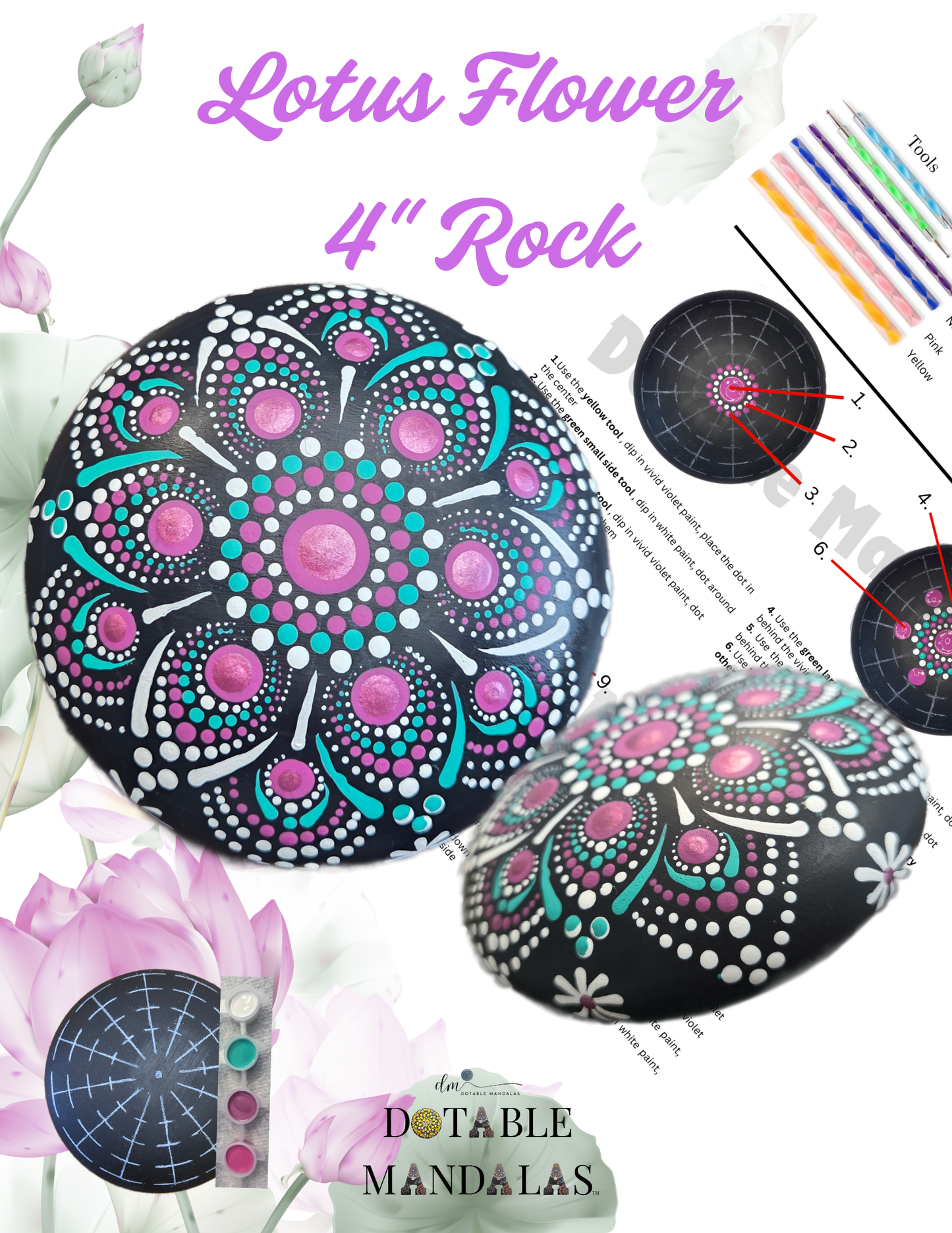 Lotus Flower 4" Rock Dot-Painting Pattern Kit