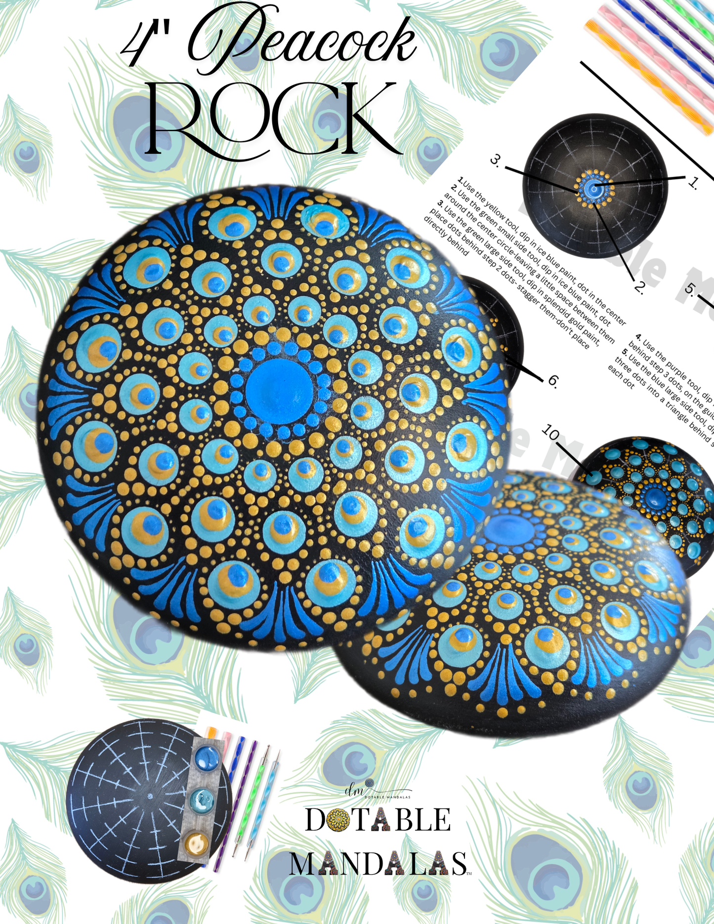 Peacock 4" Rock (2nd version) Dot-Painting Pattern Kit