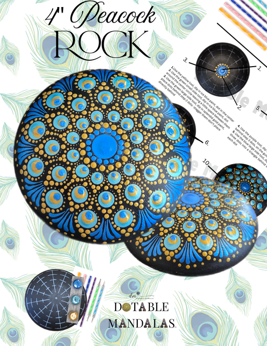 Peacock 4" Rock (2nd version) Dot-Painting Pattern Kit