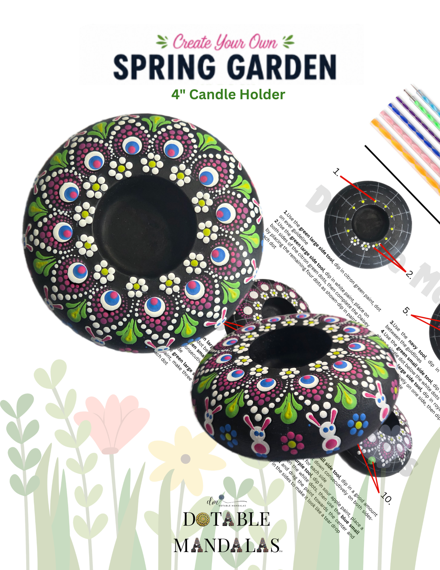 Spring Garden 4" Candle Holder Dot-Painting Pattern Kit-(Download Version)