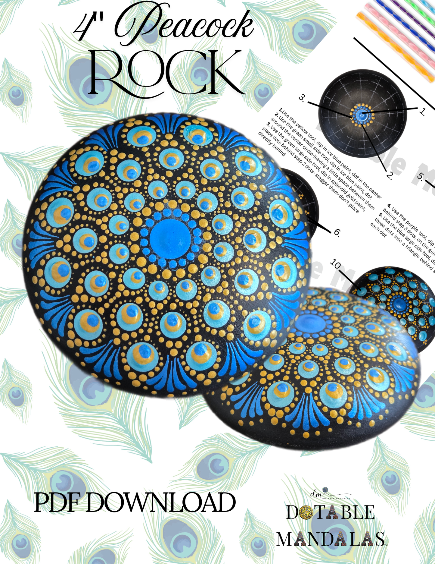 Peacock 4" Rock Dot-Painting Pattern -Digital Download