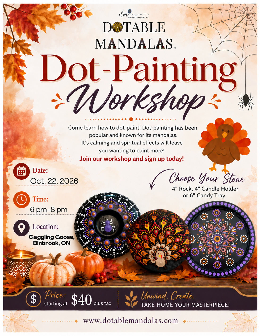 Binbrook-Halloween Spider Candle Holder, Candy Tray & Turkey Rock Dot-Painting Workshop