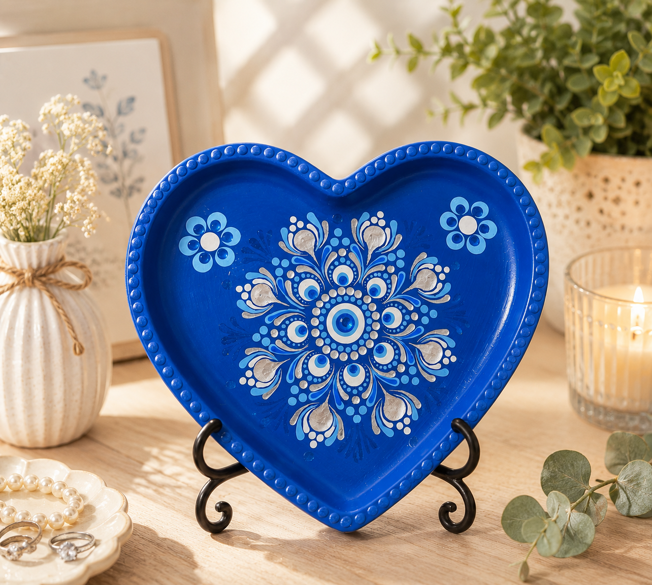 Blue Serenity Heart Jewelry Tray Dot-Painting Pattern Kit