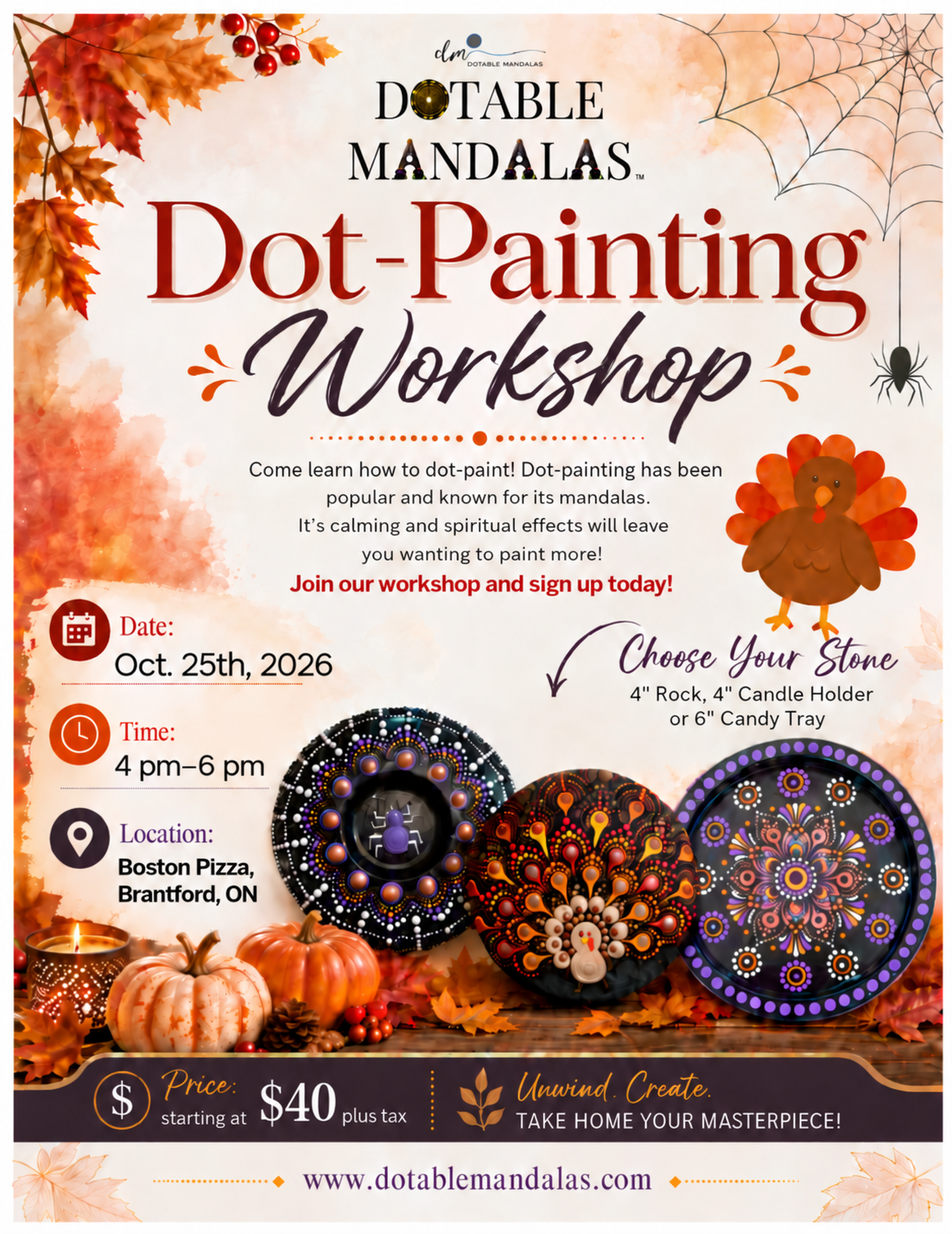 Brantford-Halloween Spider Candle Holder, Candy Tray & Turkey Rock Dot-Painting Workshop