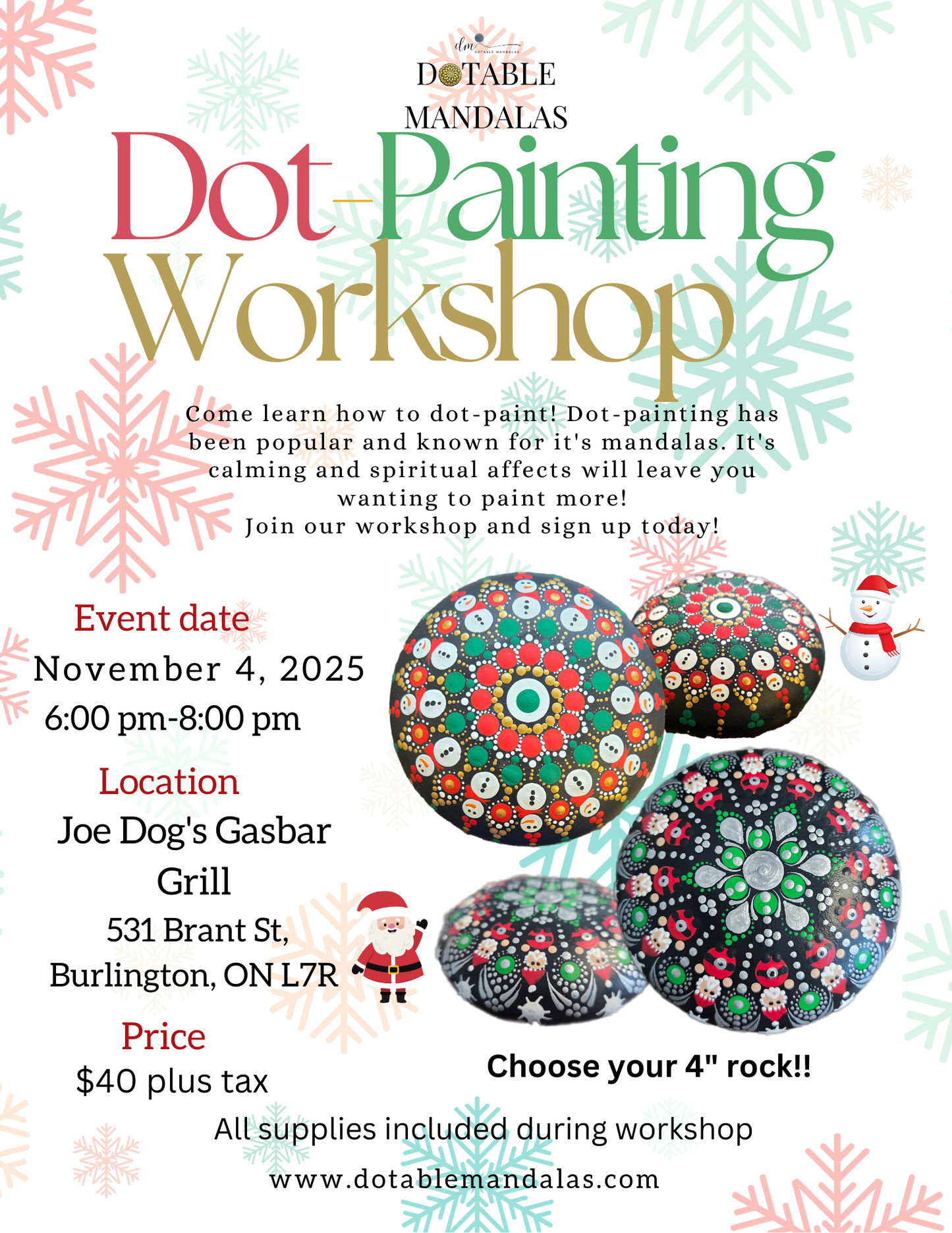 Burlington-Holiday Dot-Painting Workshop: Snowman or Santa 4" Rock