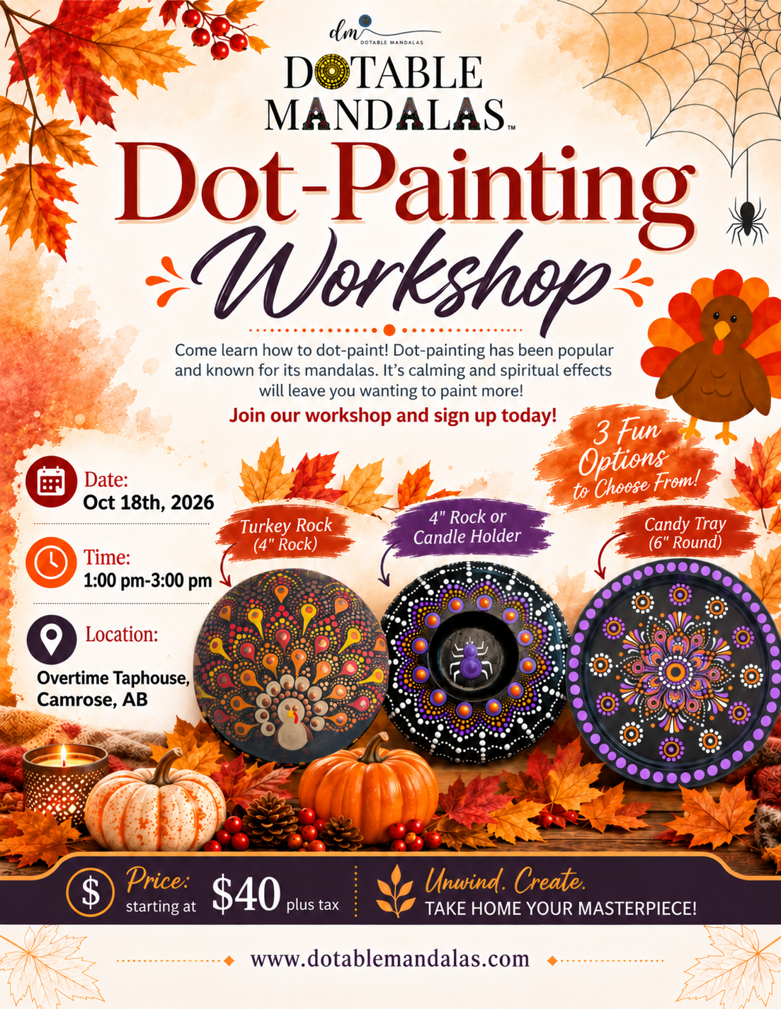 Camrose-Halloween Spider Candle Holder, Candy Tray & Turkey Rock Dot-Painting Workshop