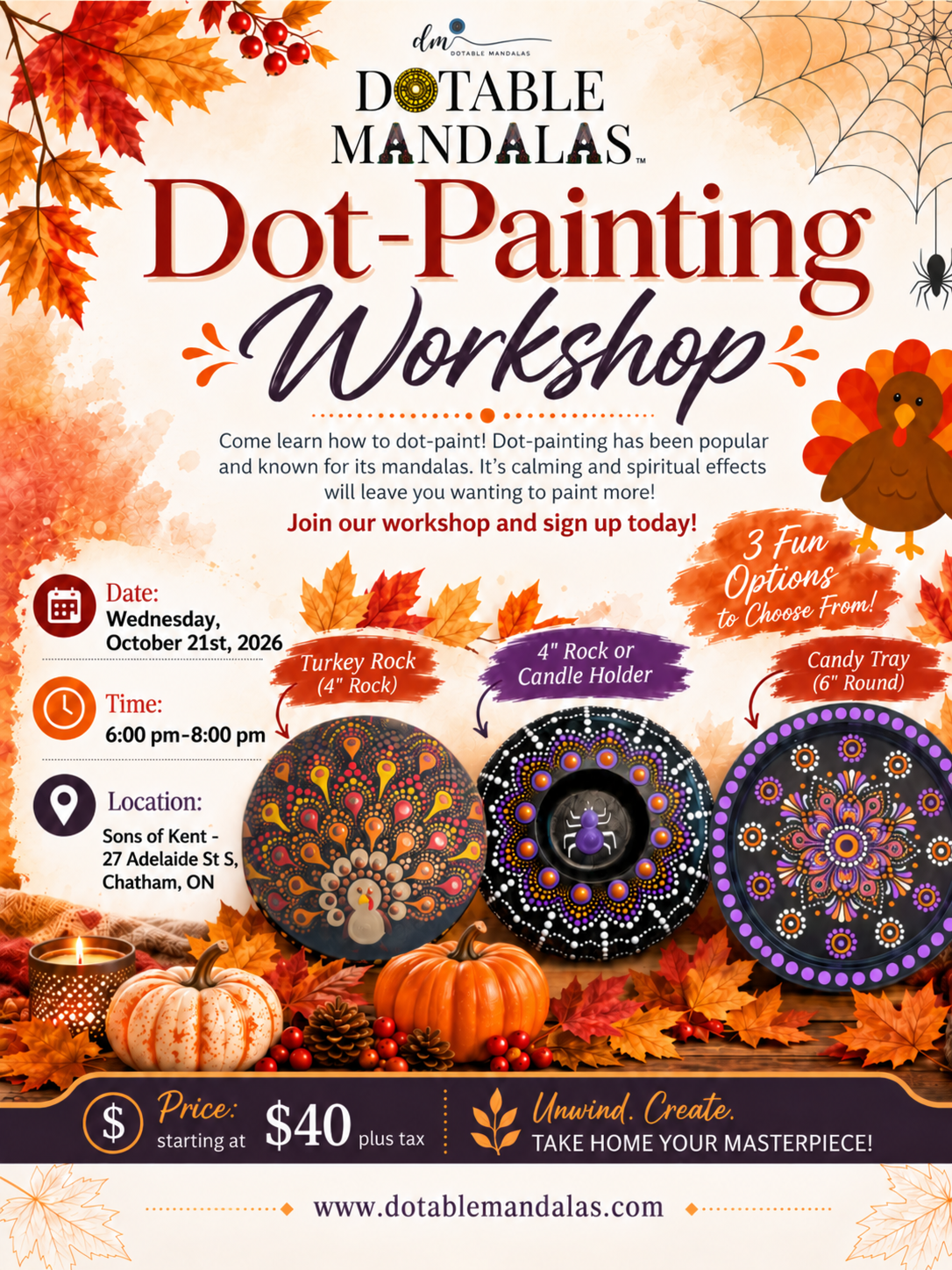 Chatham-Halloween Spider Candle Holder, Candy Tray & Turkey Rock Dot-Painting Workshop