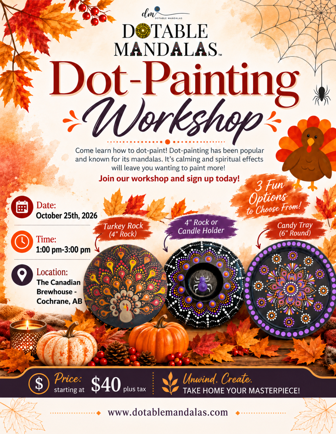 Cochrane-Halloween Spider Candle Holder, Candy Tray & Turkey Rock Dot-Painting Workshop