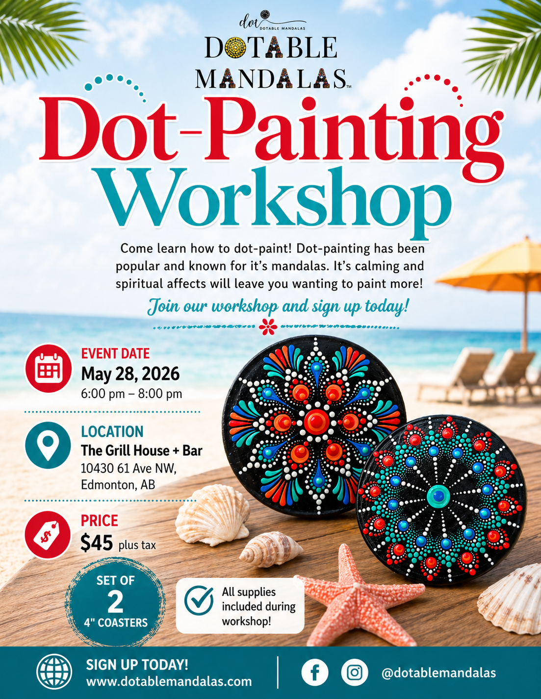 Edmonton S-Tropical Coastal Vibe Coaster Set Dot-Painting Workshop
