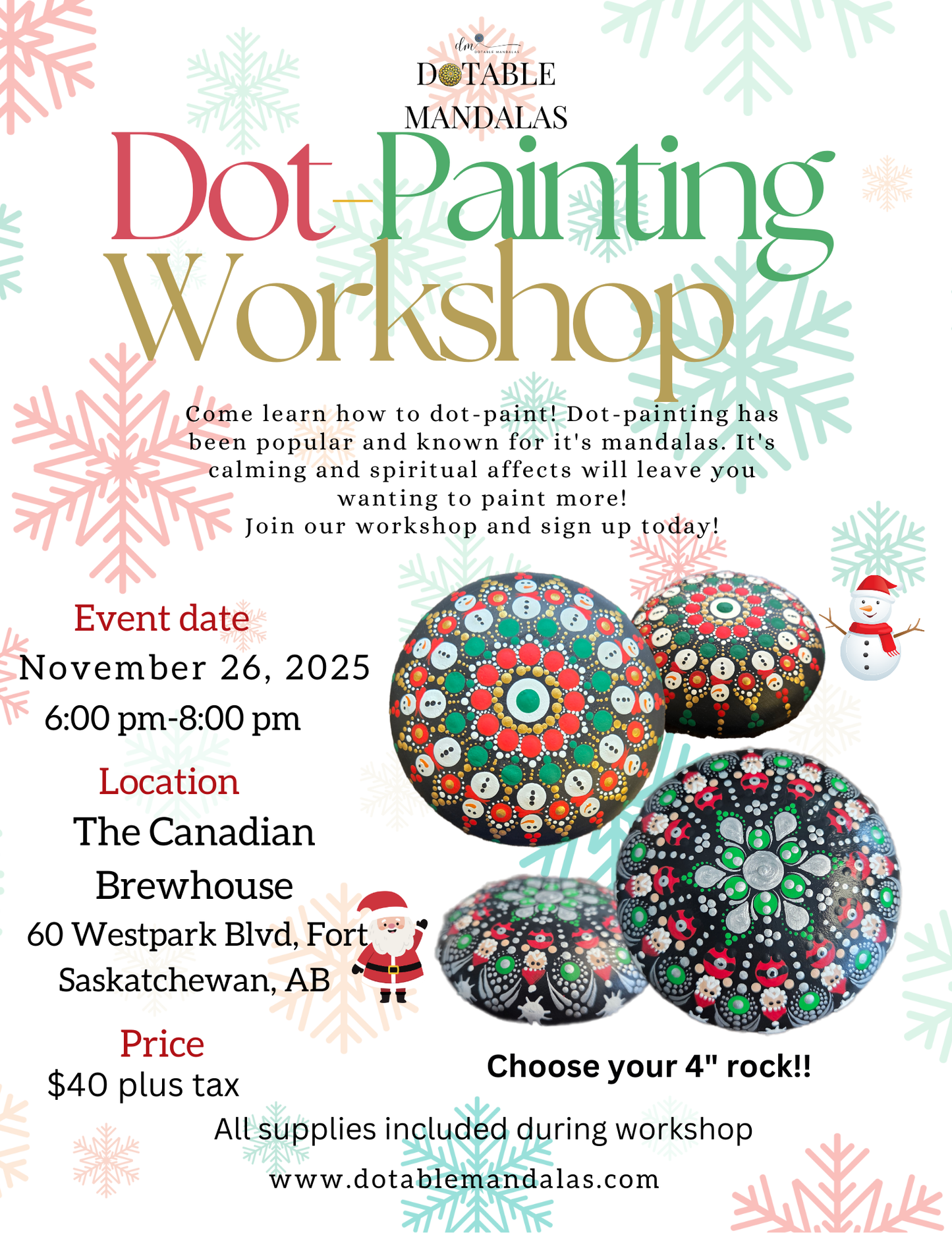 Fort Saskatchewan-Holiday Dot-Painting Workshop: Snowman or Santa 4" Rock
