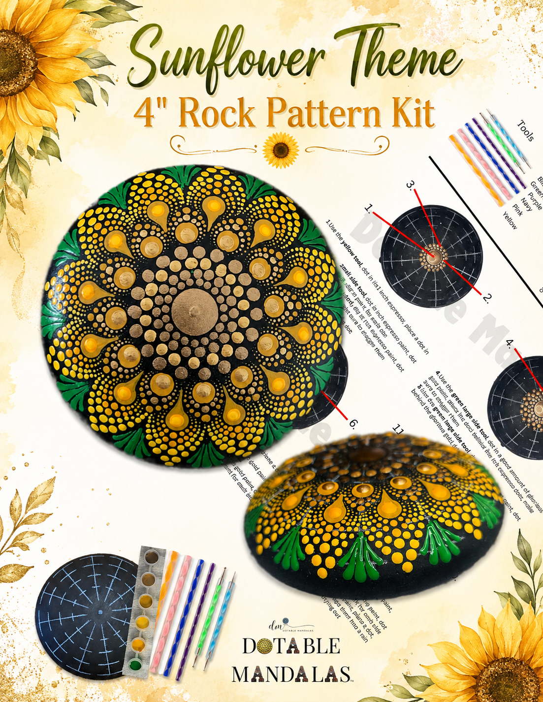 Sunflower Theme 4" Rock Dot-Painting Pattern Kit