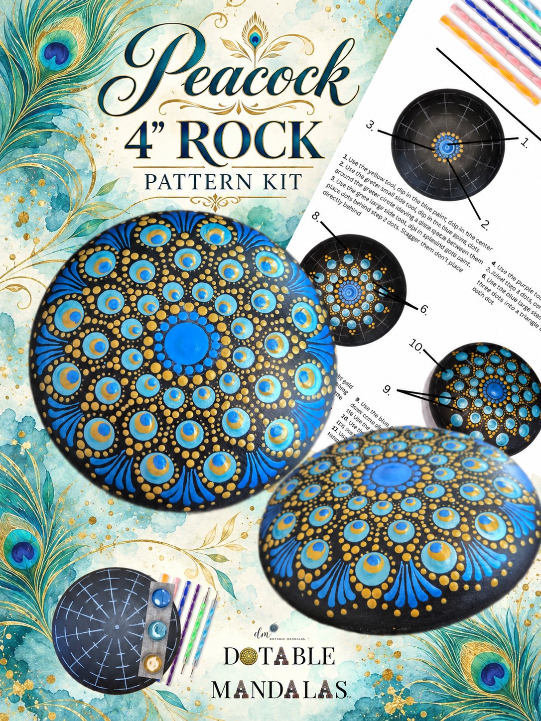 Peacock 4" Rock (2nd version) Dot-Painting Pattern Kit