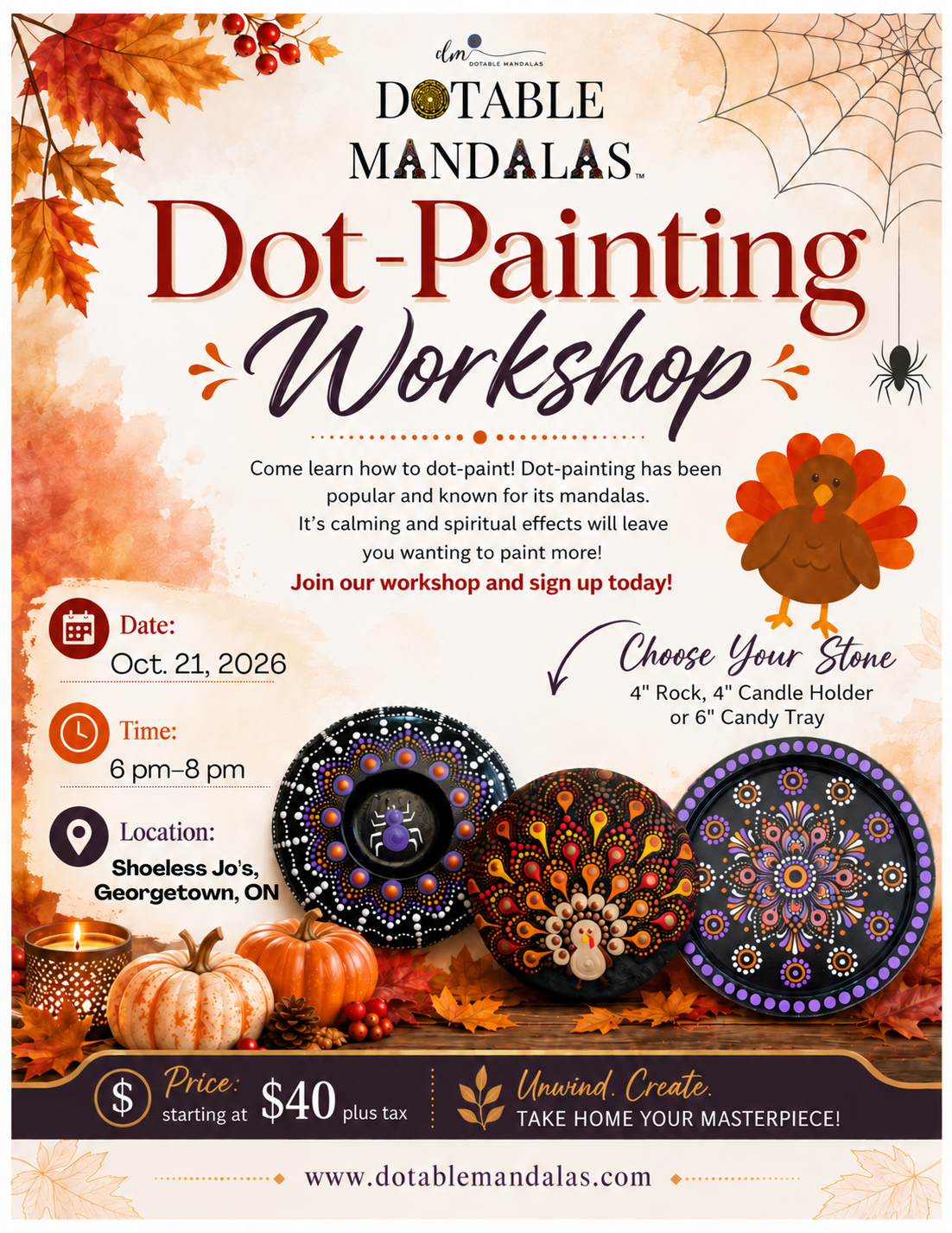 Georgetown-Halloween Spider Candle Holder, Candy Tray &  Turkey Rock Dot-Painting Workshop