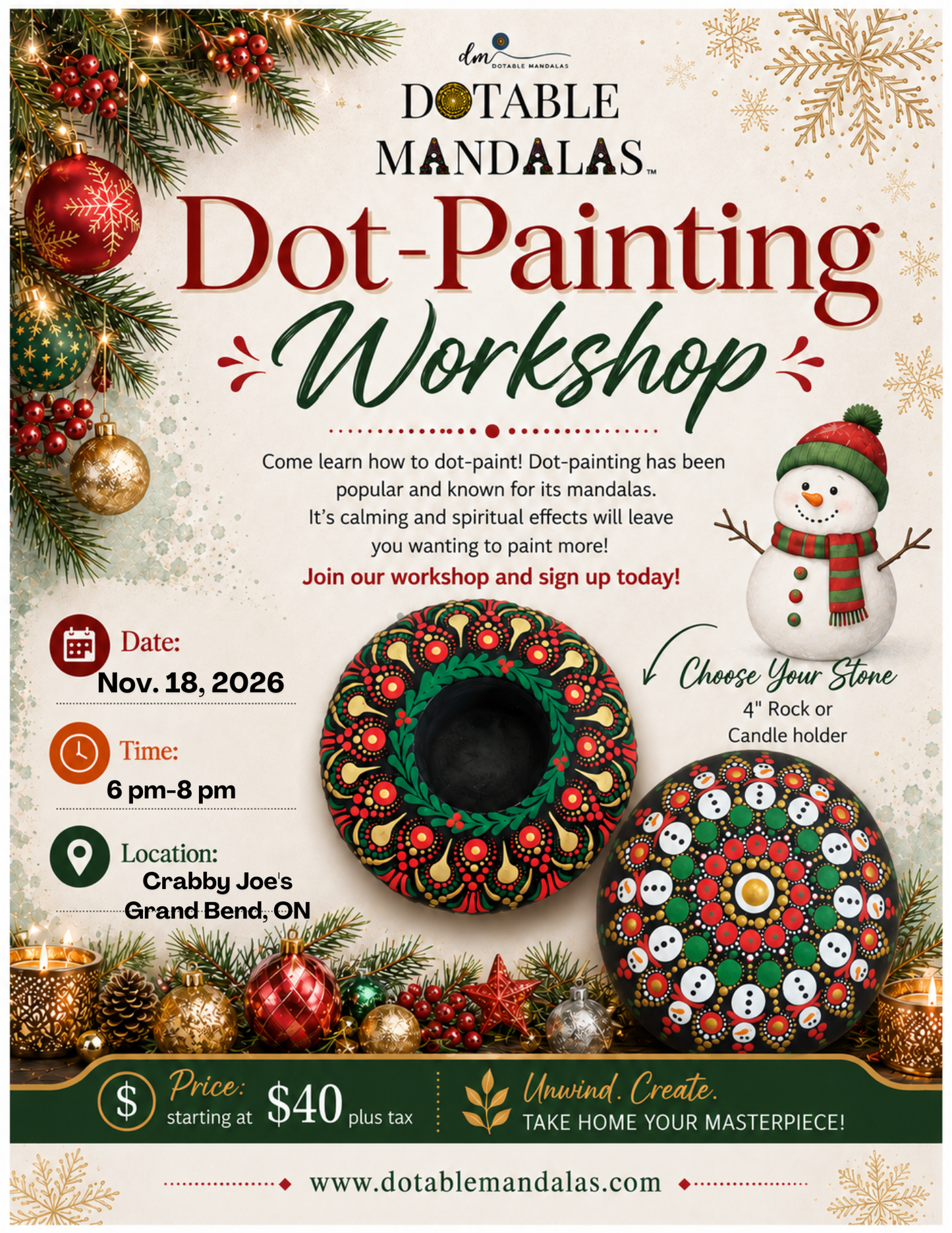Grand Bend-Snowman or Holiday Wreath Dot-Painting Workshop