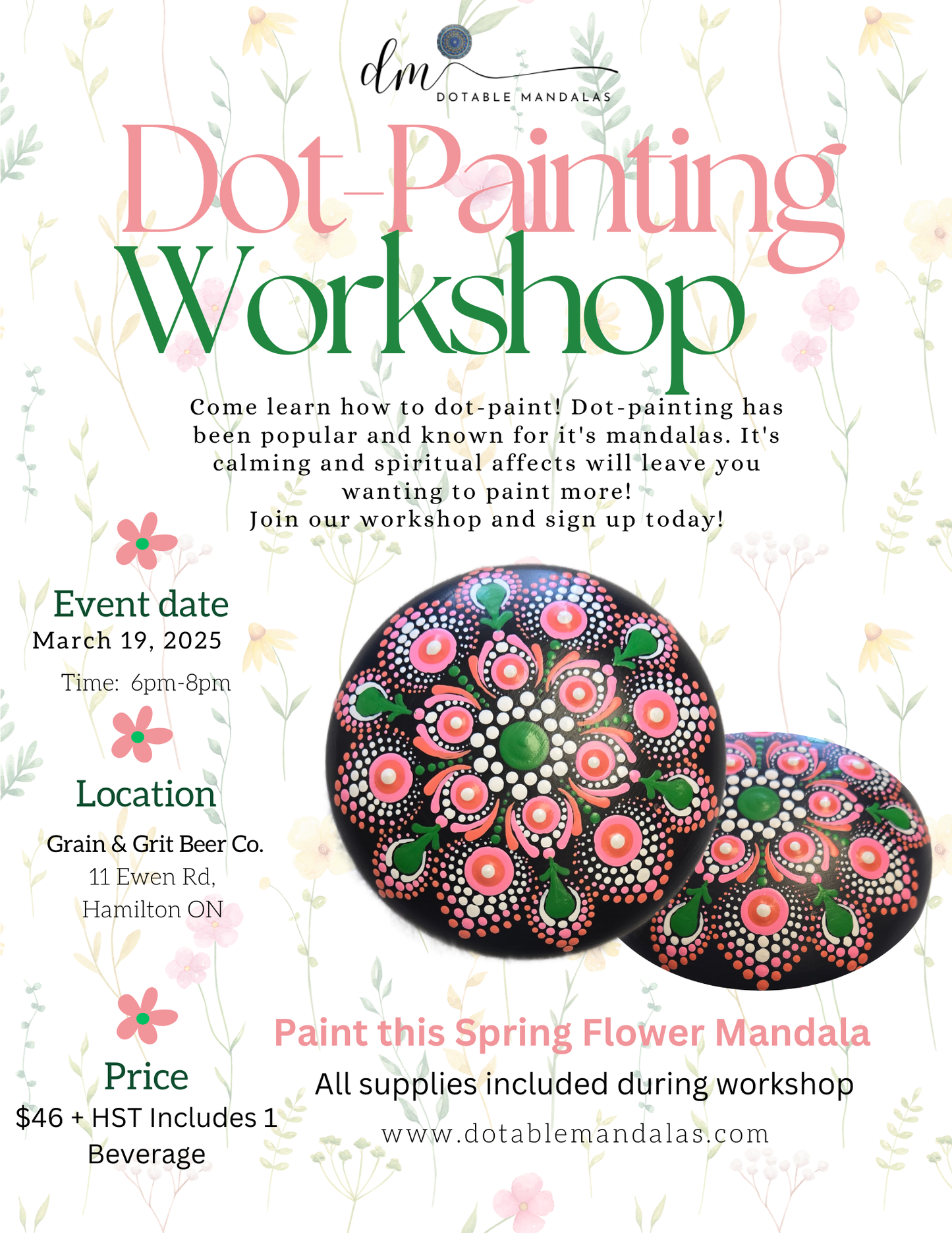 Hamilton-Spring Flower Mandala 4" Rock Dot-Painting Workshop-Includes Beverage