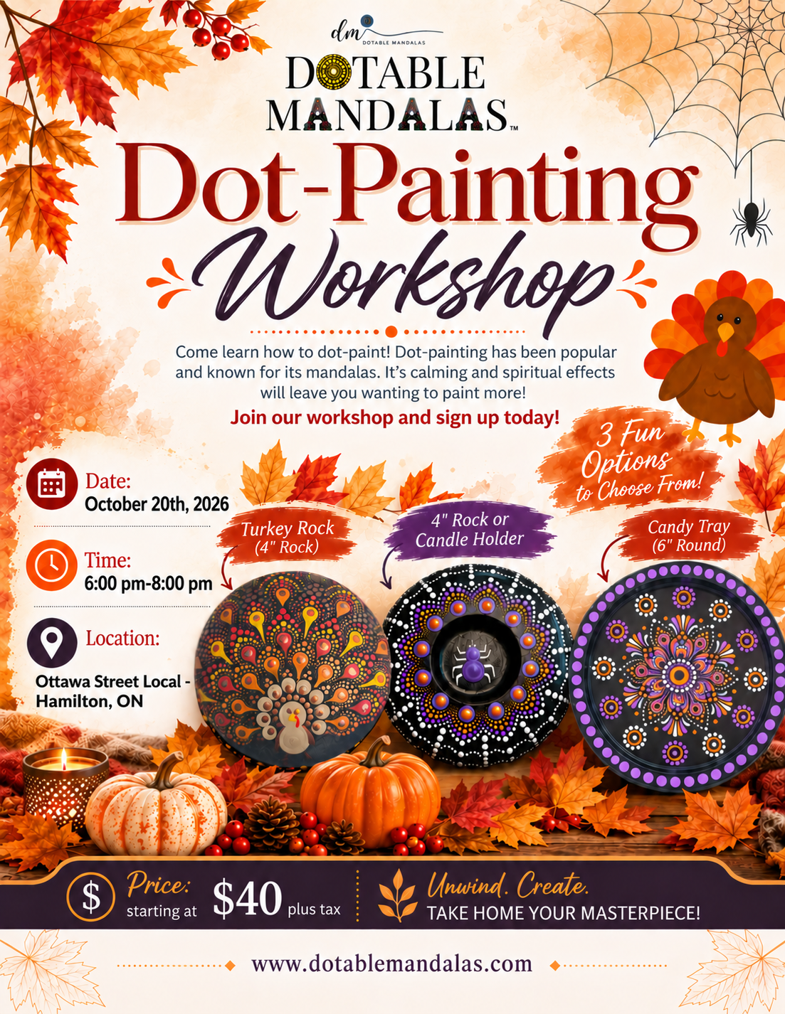 Hamilton-Halloween Spider Candle Holder, Candy Tray & Turkey Rock Dot-Painting Workshop