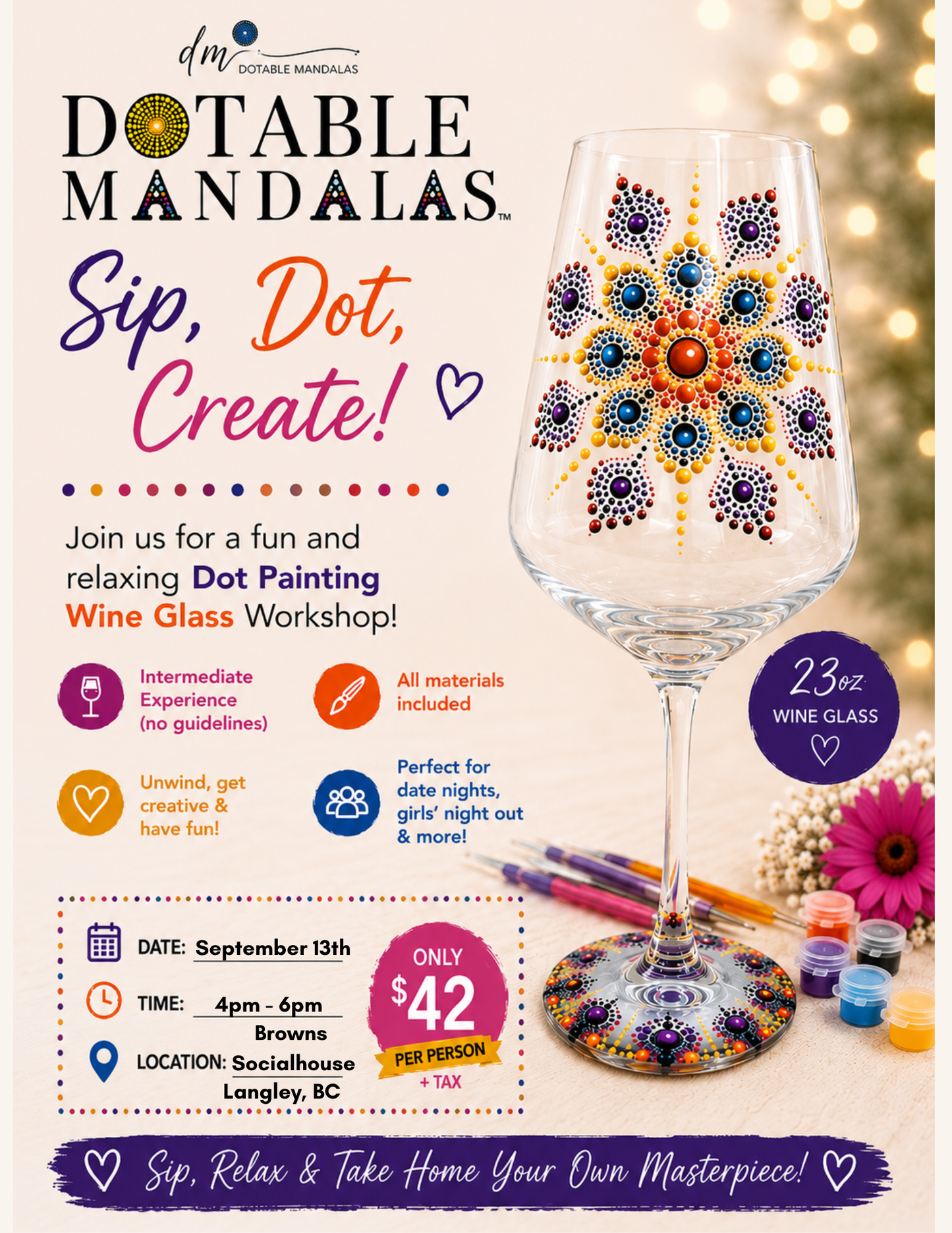 Langley-Sip, Dot & Unwind -Wine glass Dot-Painting Workshop