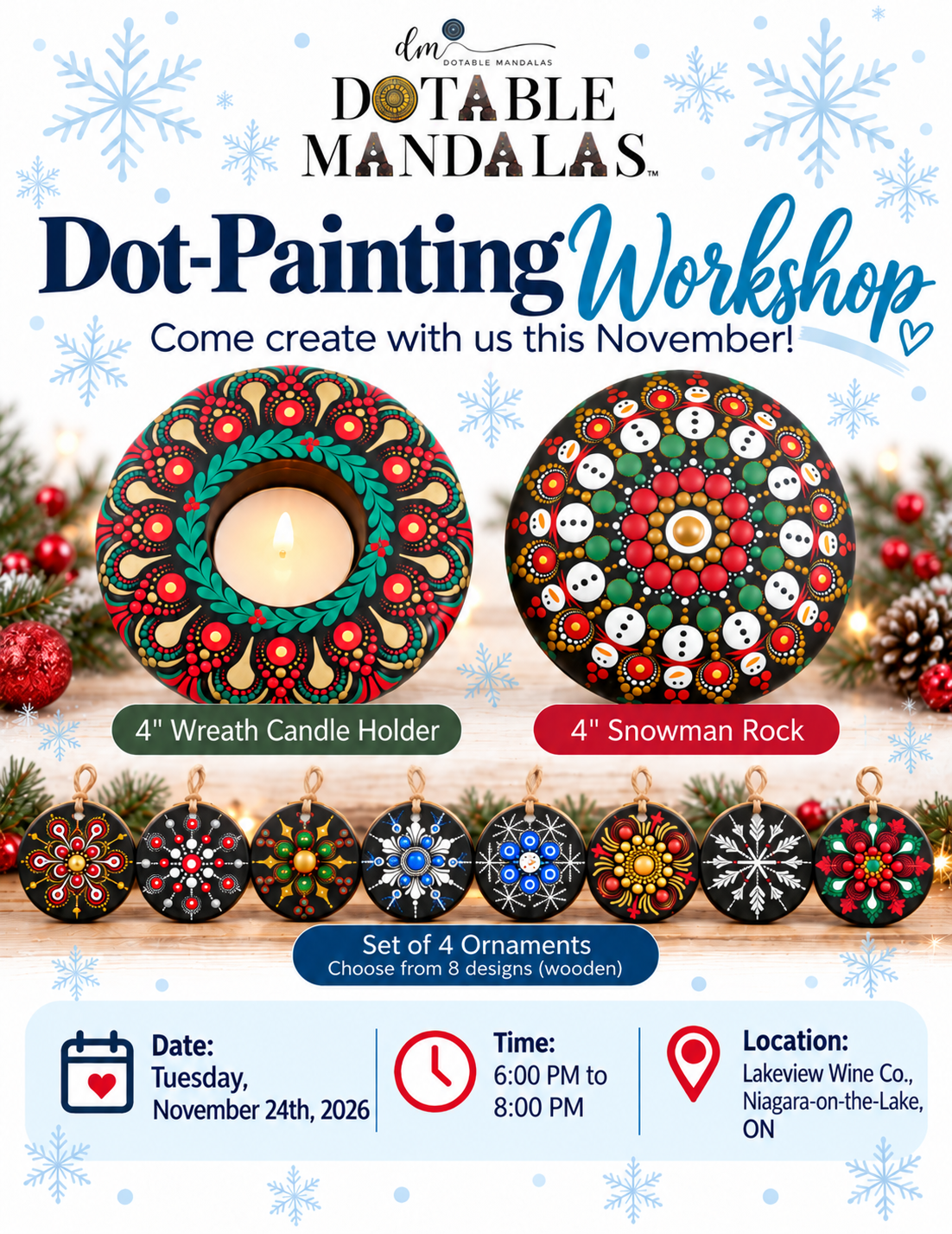 Niagara On The Lake-Snowman, Holiday Wreath or Ornaments Dot-Painting Workshop
