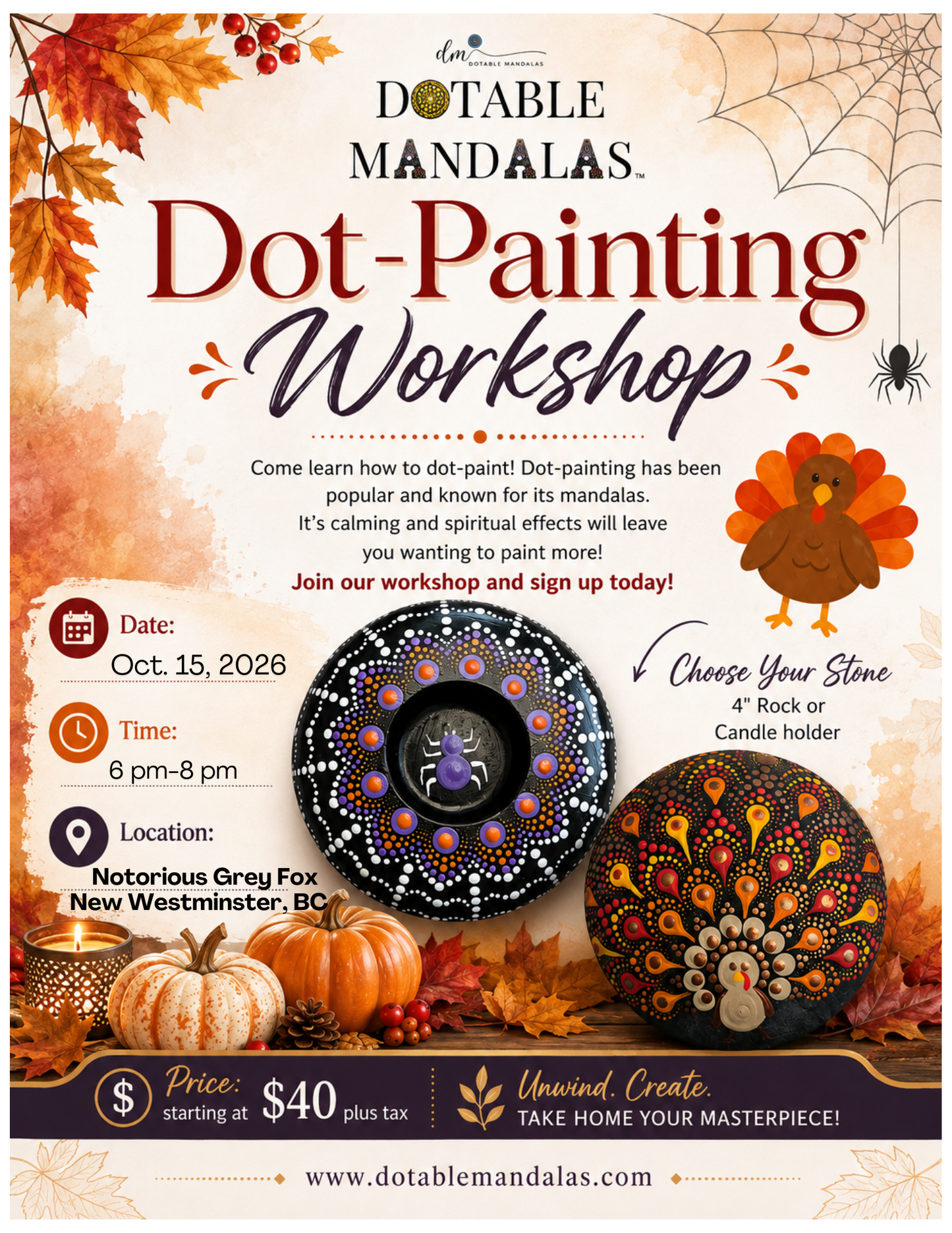 New Westminster-Halloween Spider Candle Holder & Thanksgiving Turkey Rock Dot-Painting Workshop