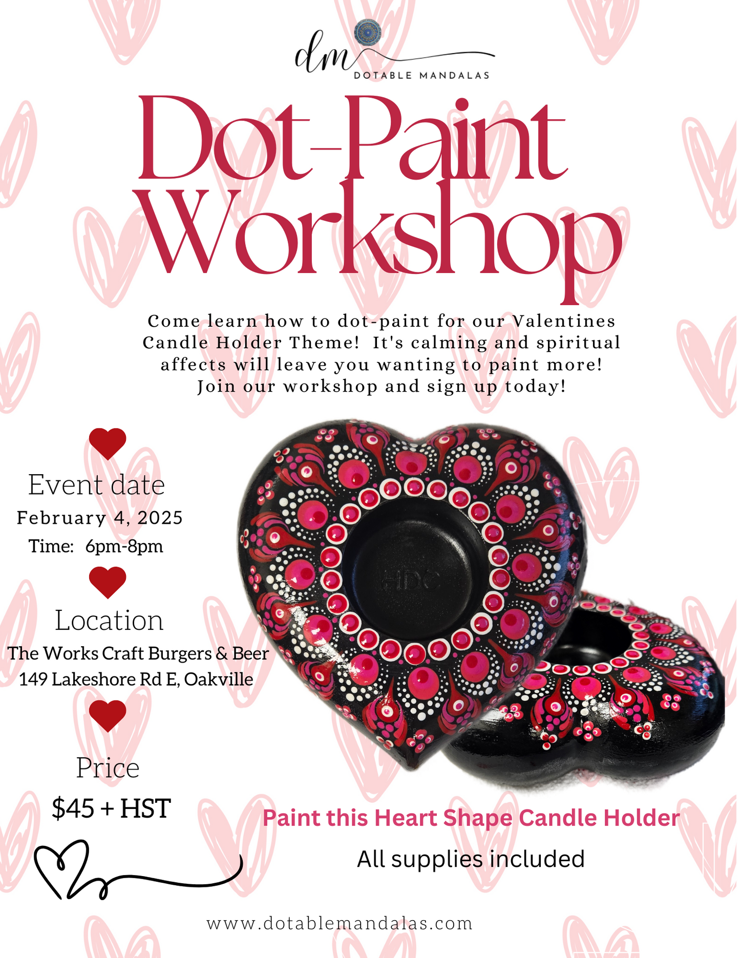 Oakville-Valentine's Theme Dot-Painting Workshop: Heart-Shaped Candle Holders