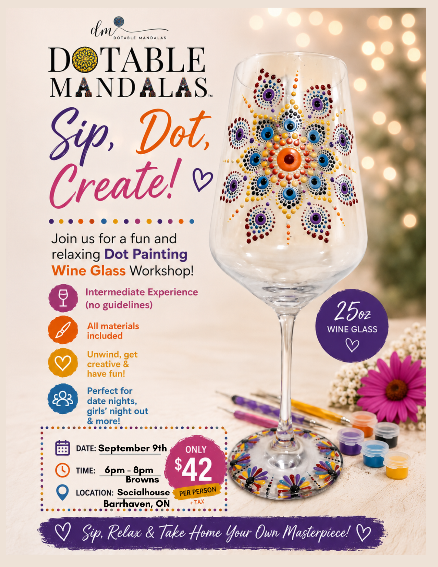 Ottawa-Sip, Dot & Unwind -Wine glass Dot-Painting Workshop