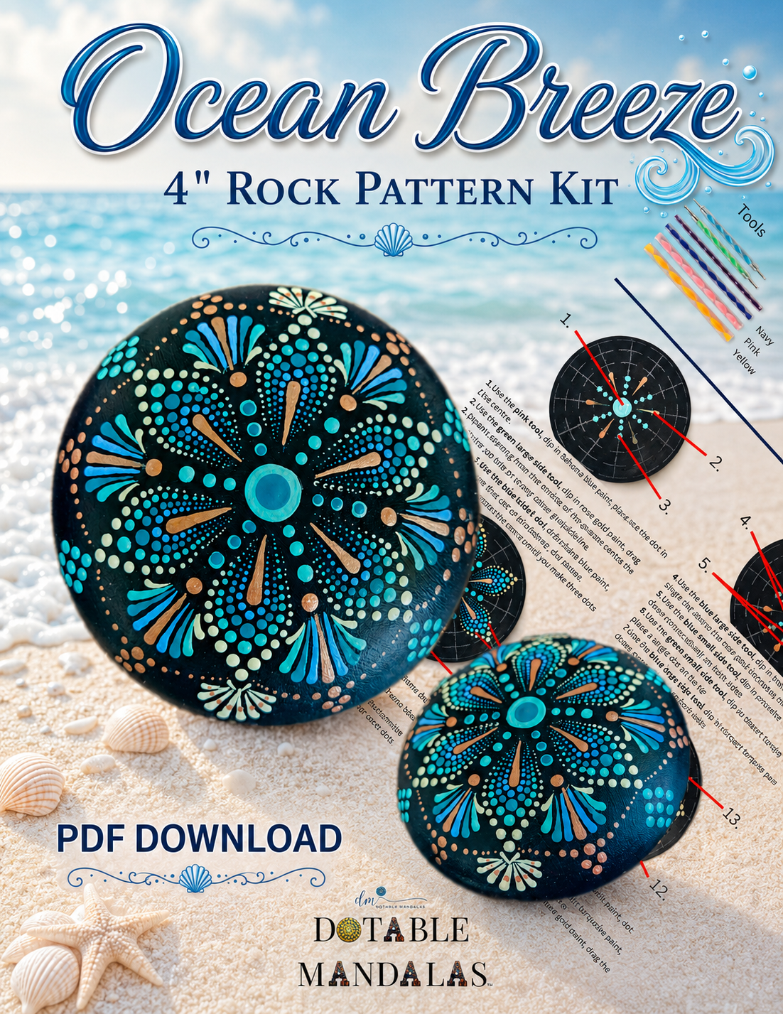 Ocean Breeze 4" Rock Dot-Painting Pattern – PDF Download