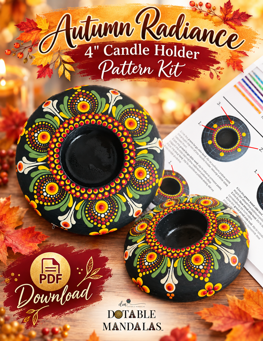 Autumn Radiance 4" Candle Holder Dot-Painting Pattern-PDF Download