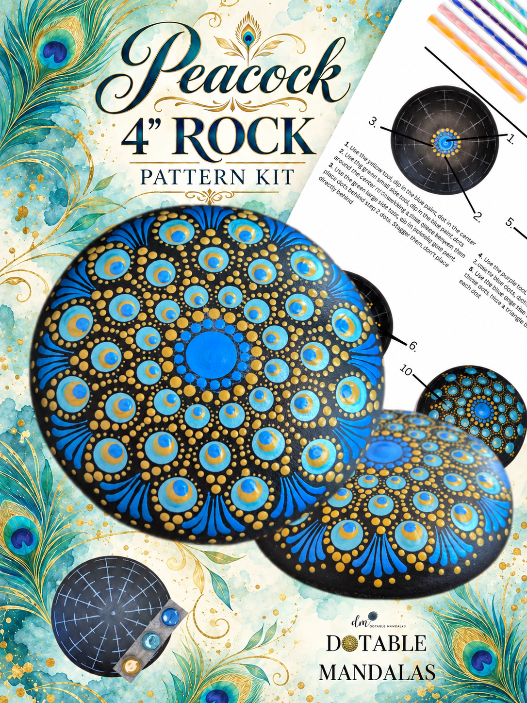 Peacock 4" Rock (2nd version) Dot-Painting Pattern Kit