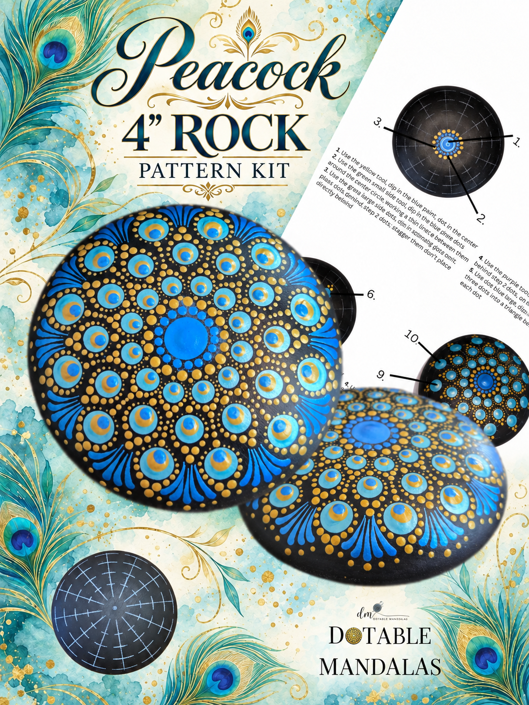 Peacock 4" Rock (2nd version) Dot-Painting Pattern Kit