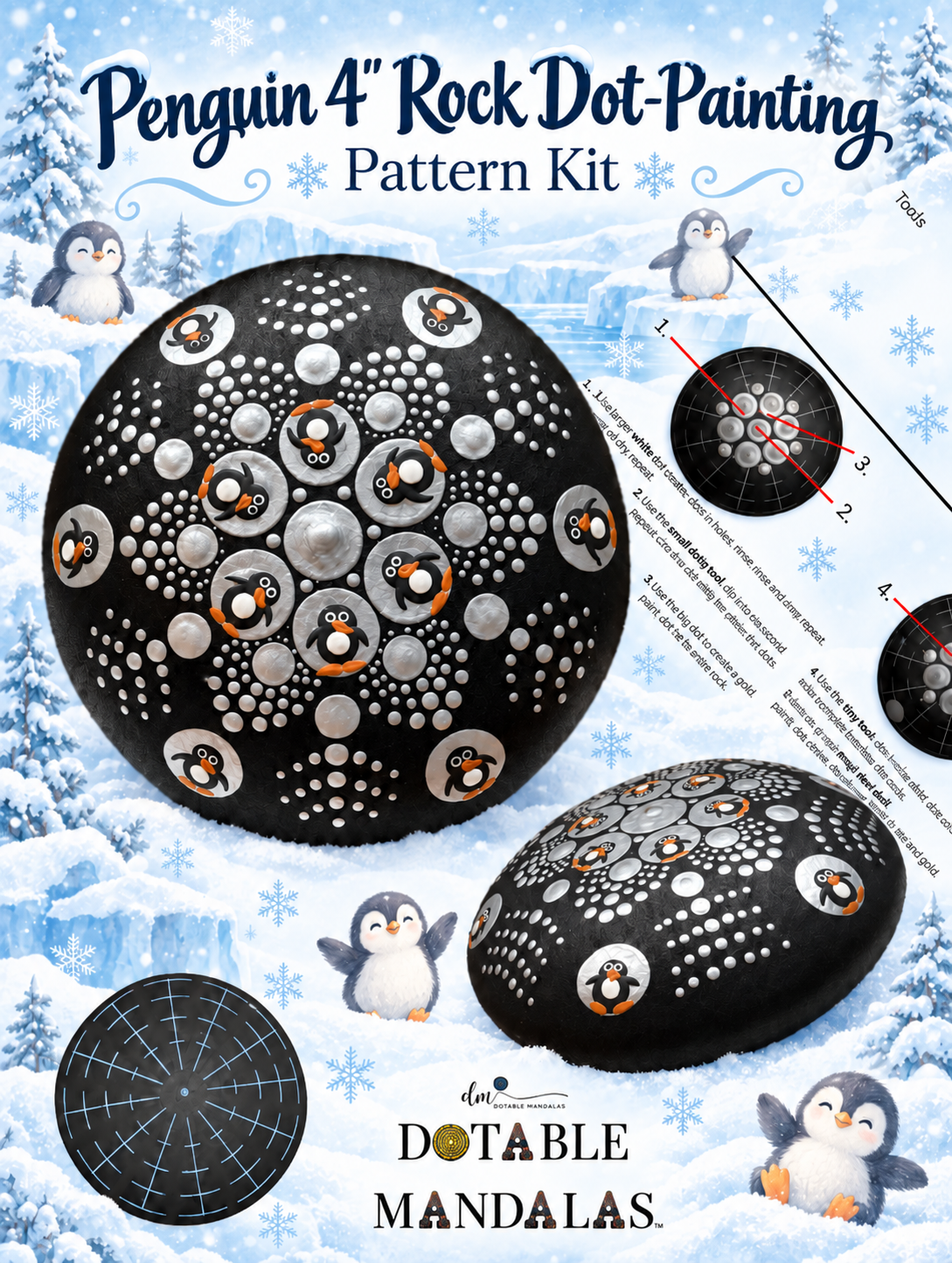 Penguin 4" Rock Dot-Painting Pattern Kit