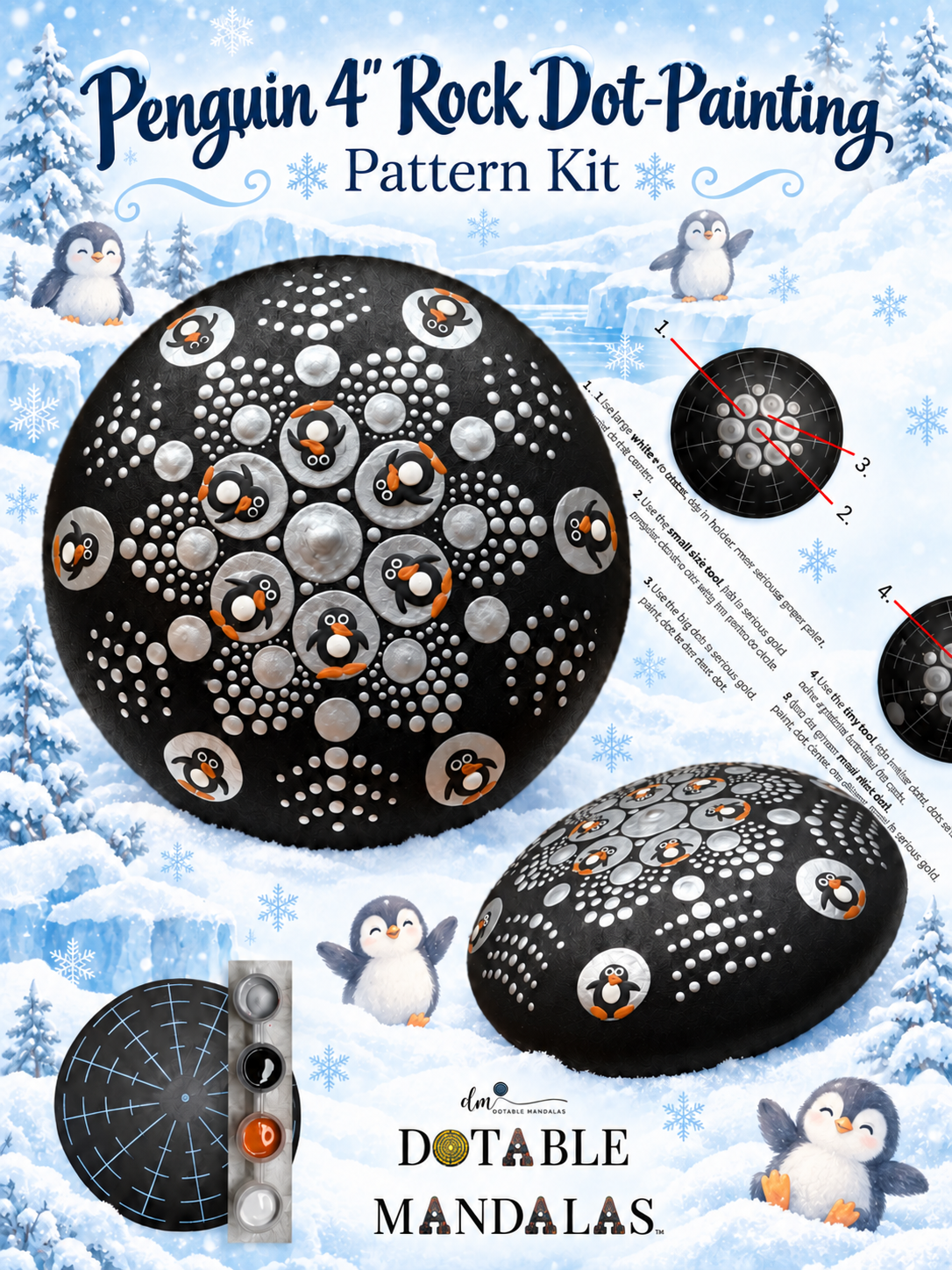 Penguin 4" Rock Dot-Painting Pattern Kit