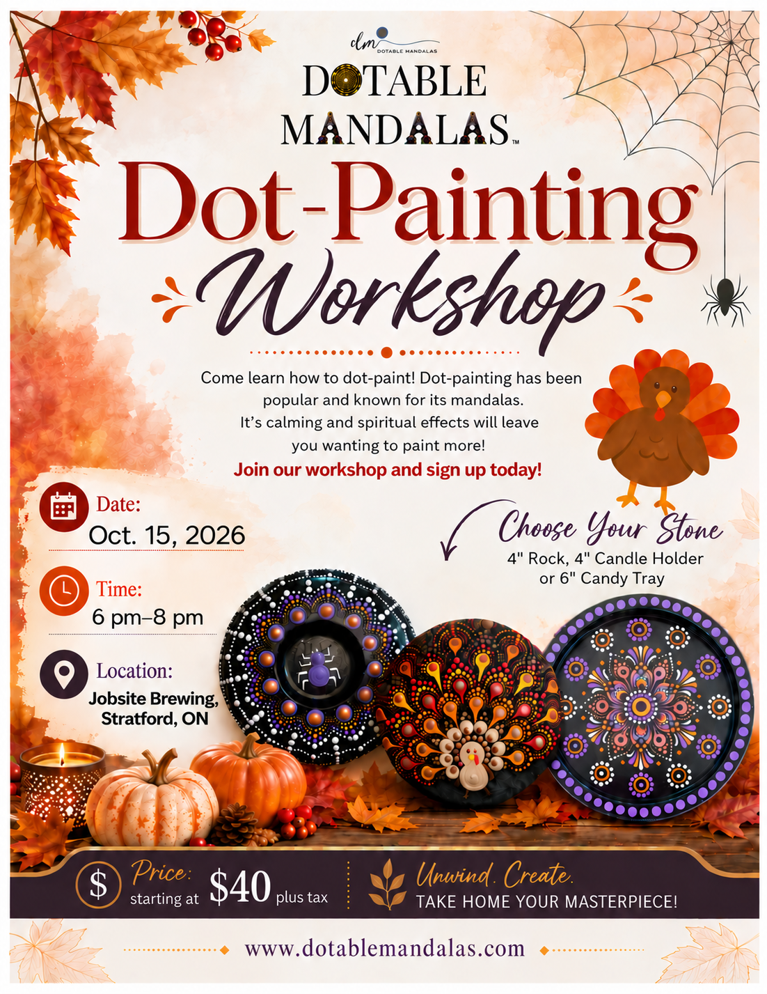 Stratford-Halloween Spider Candle Holder, Candy Tray & Turkey Rock Dot-Painting Workshop
