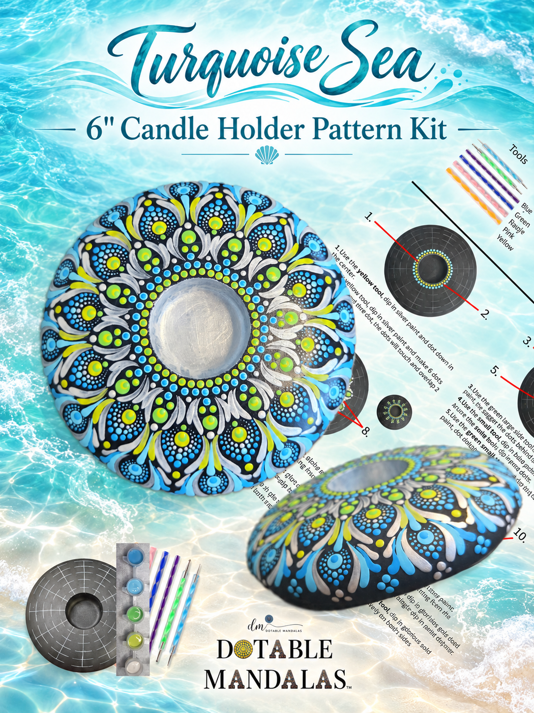Turquoise Sea 6" Candle Holder Dot-Painting Pattern Kit