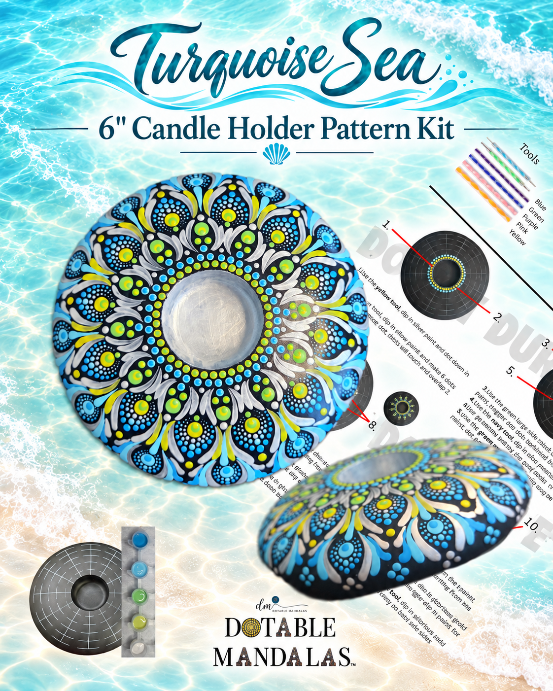 Turquoise Sea 6" Candle Holder Dot-Painting Pattern Kit