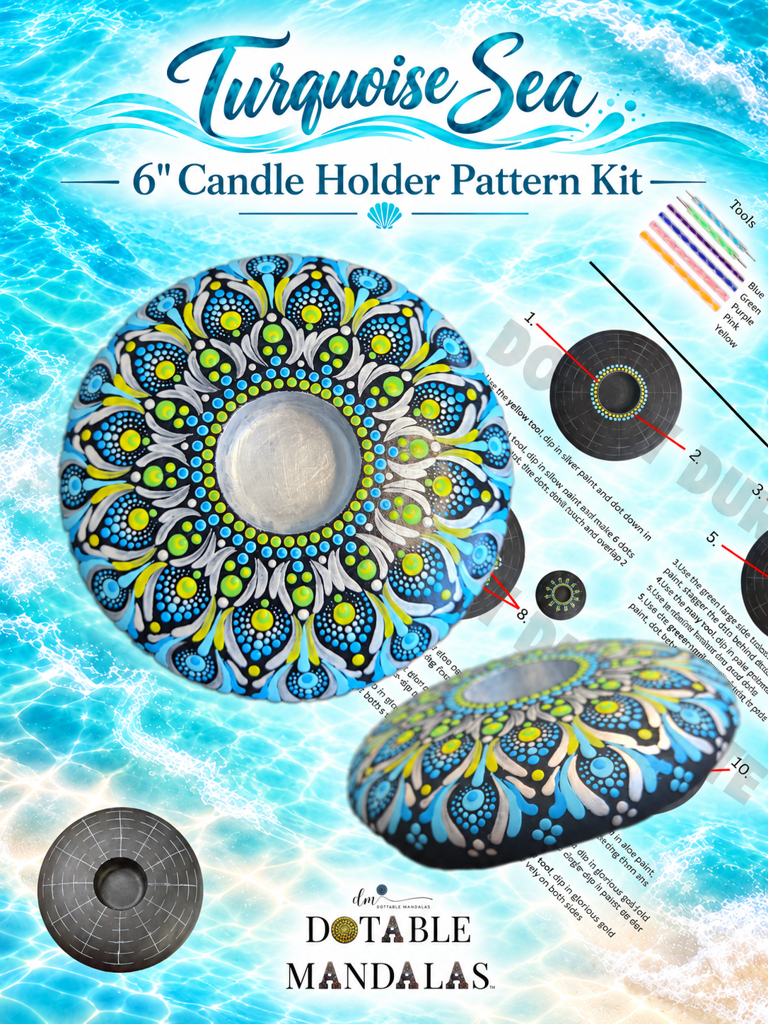 Turquoise Sea 6" Candle Holder Dot-Painting Pattern Kit