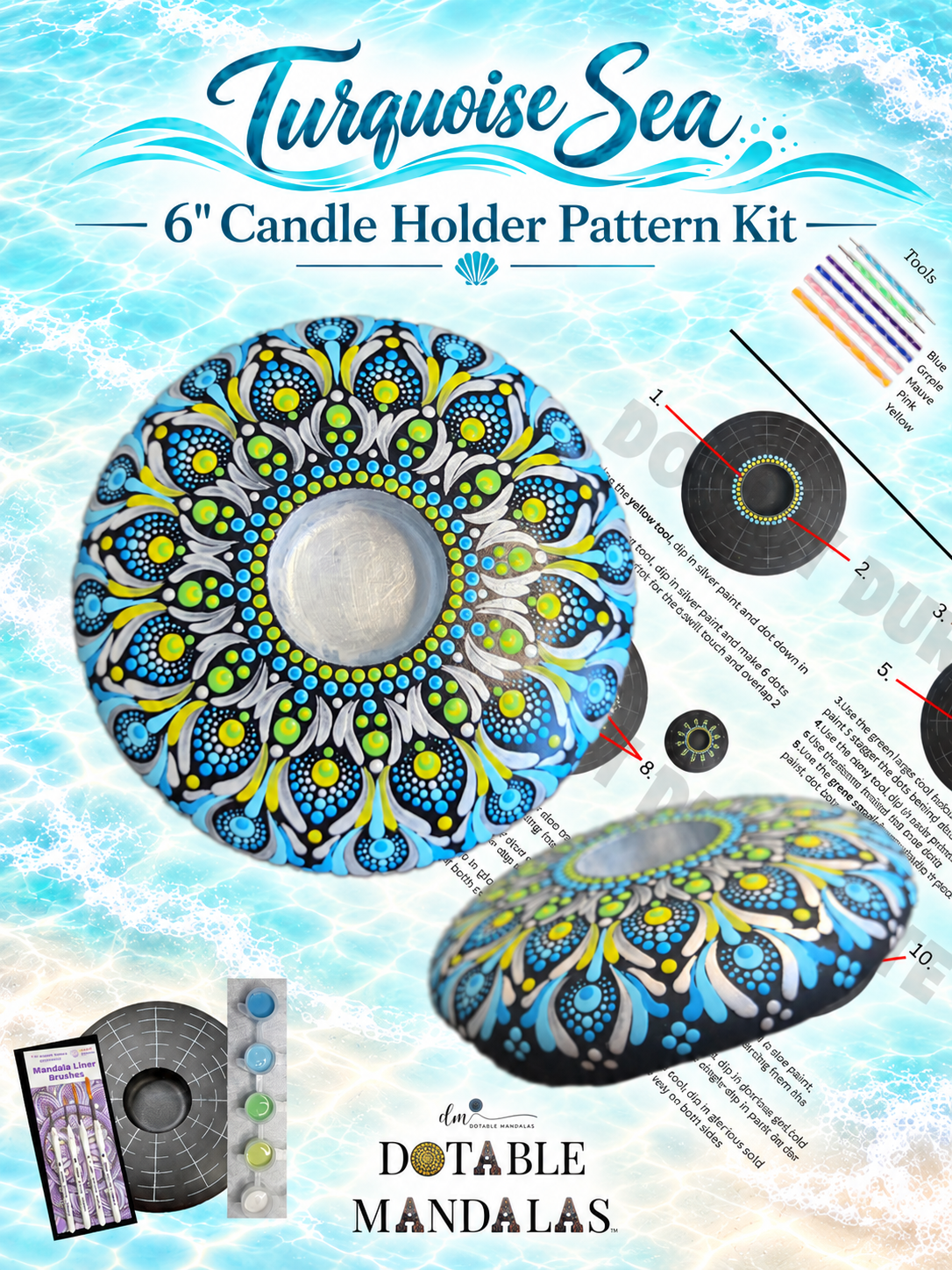 Turquoise Sea 6" Candle Holder Dot-Painting Pattern Kit