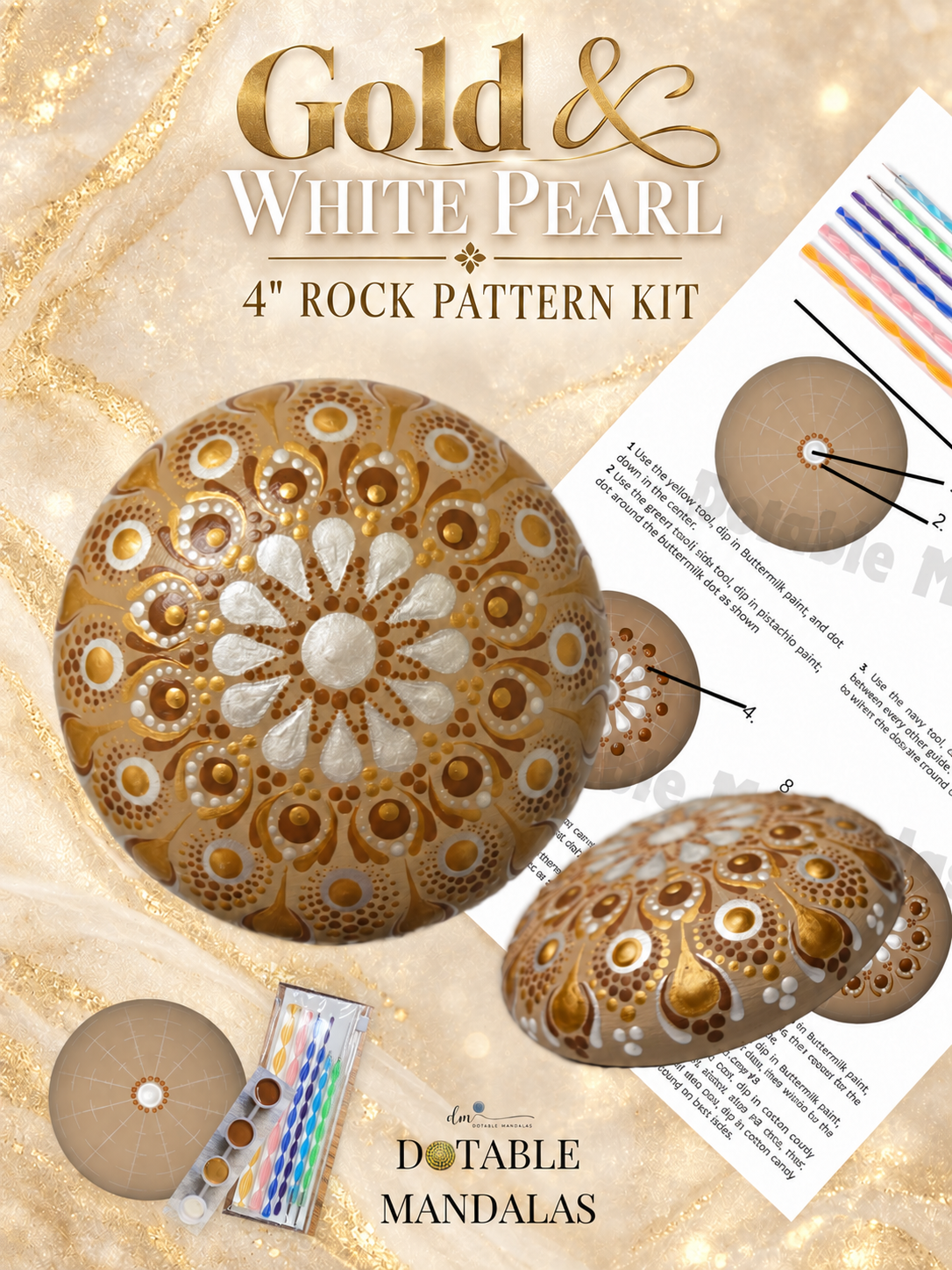 Gold & White Pearl 4" Rock Dot-Painting Pattern Kit