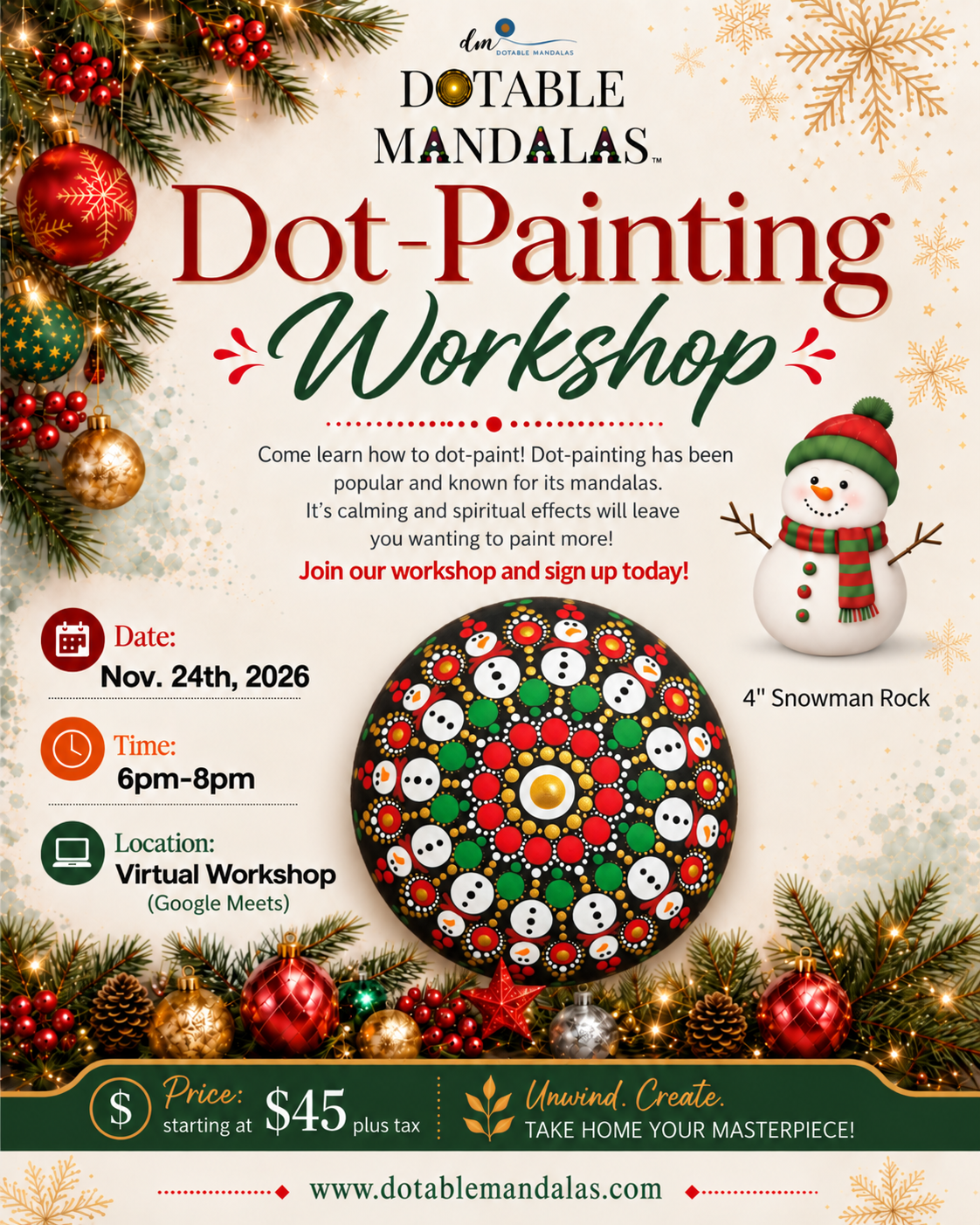 Virtual Snowman 4" Rock  Dot-Painting Workshop