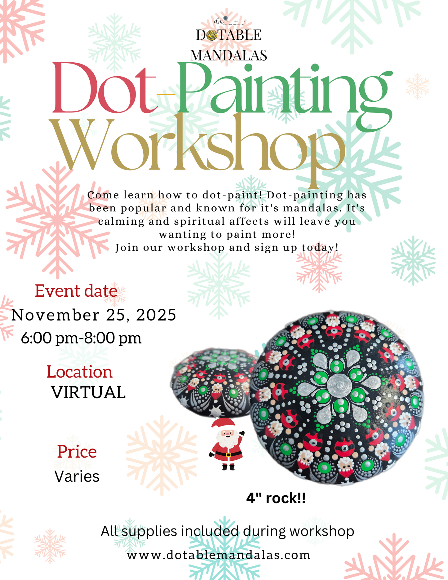 Virtual Dot-Painting Workshop-Santa 4" Rock