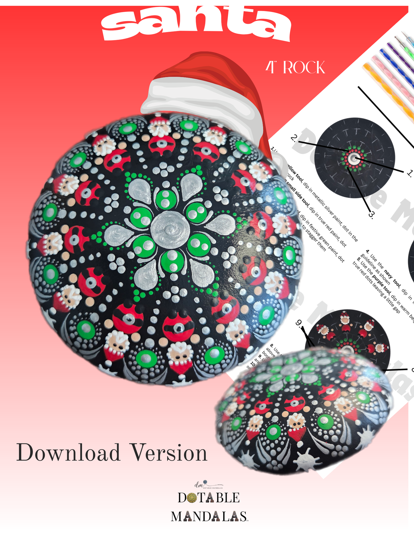 Santa Mandala Dot-Painting Pattern Kit – Digital Download