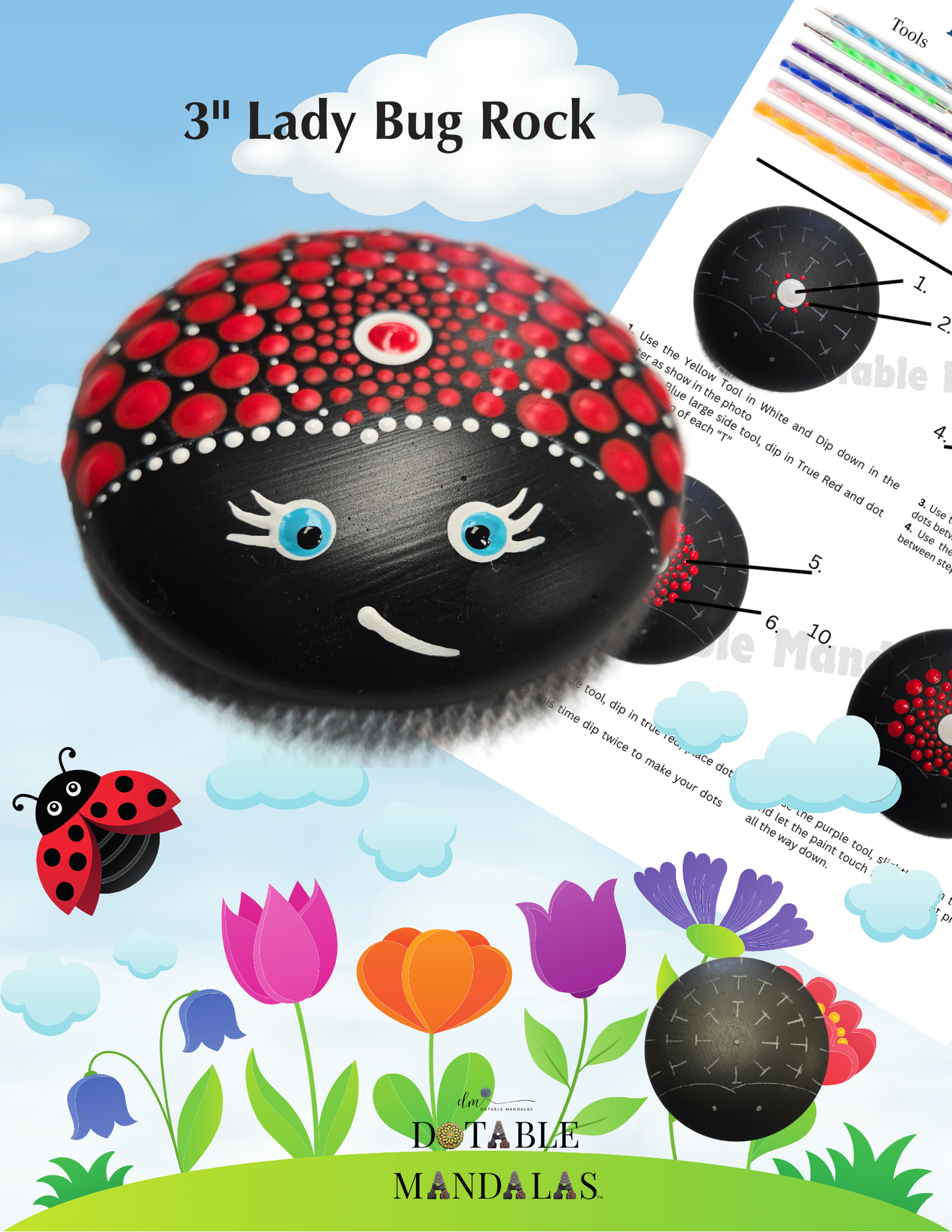 Lady Bug 3" Rock Dot-Painting Pattern Kit