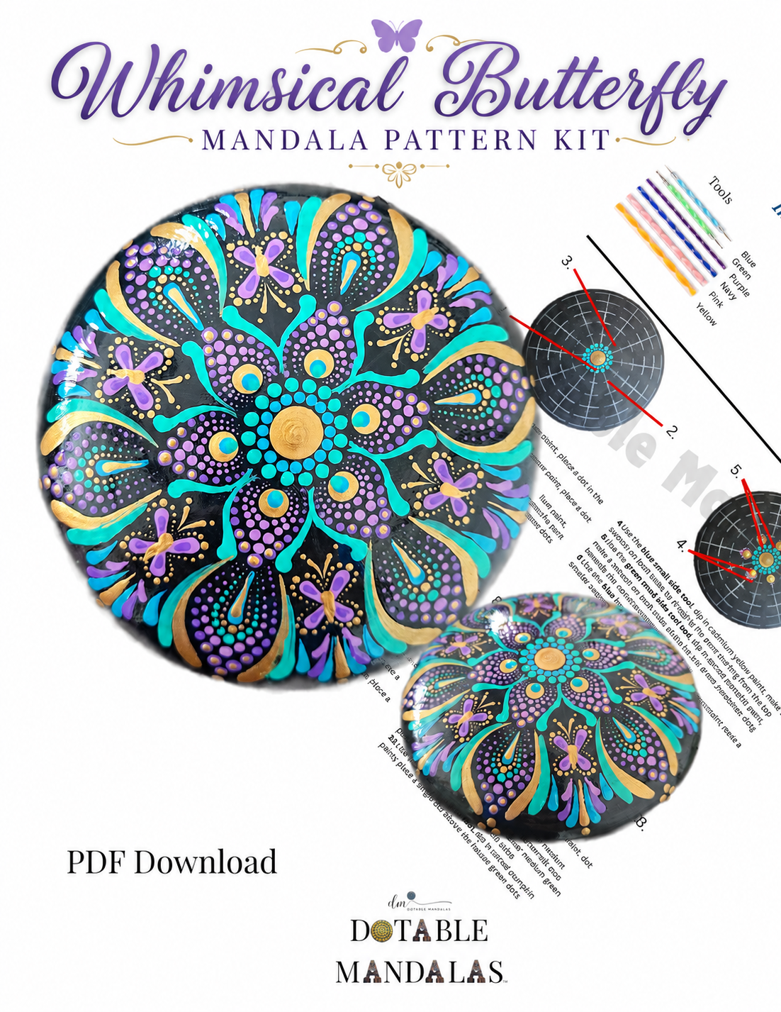 Whimsical Butterfly 5" Rock Dot-Painting Pattern (PDF Download)