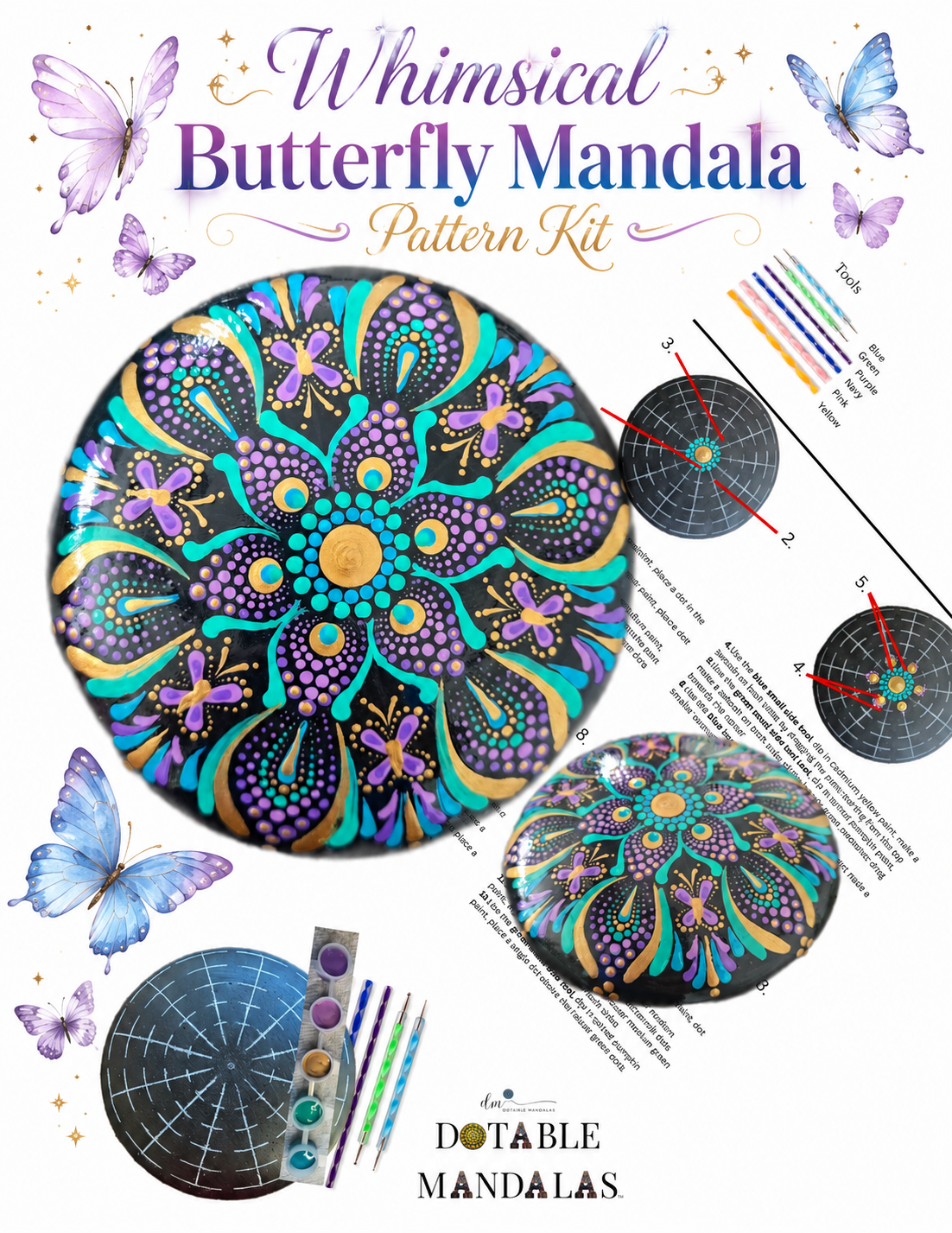 Whimsical Butterfly Mandala – 5" Rock Dot-Painting Kit